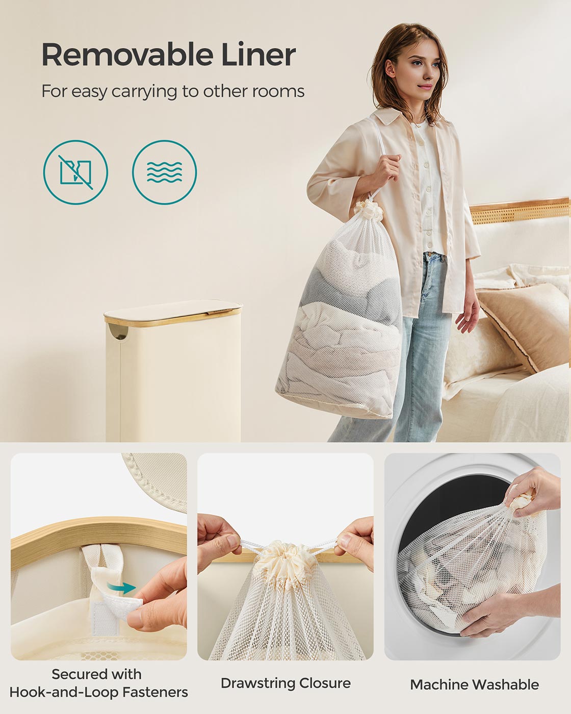Laundry Basket - Oxford Fabric - Cream White - Slim Design with Lid and Removable Mesh Liner