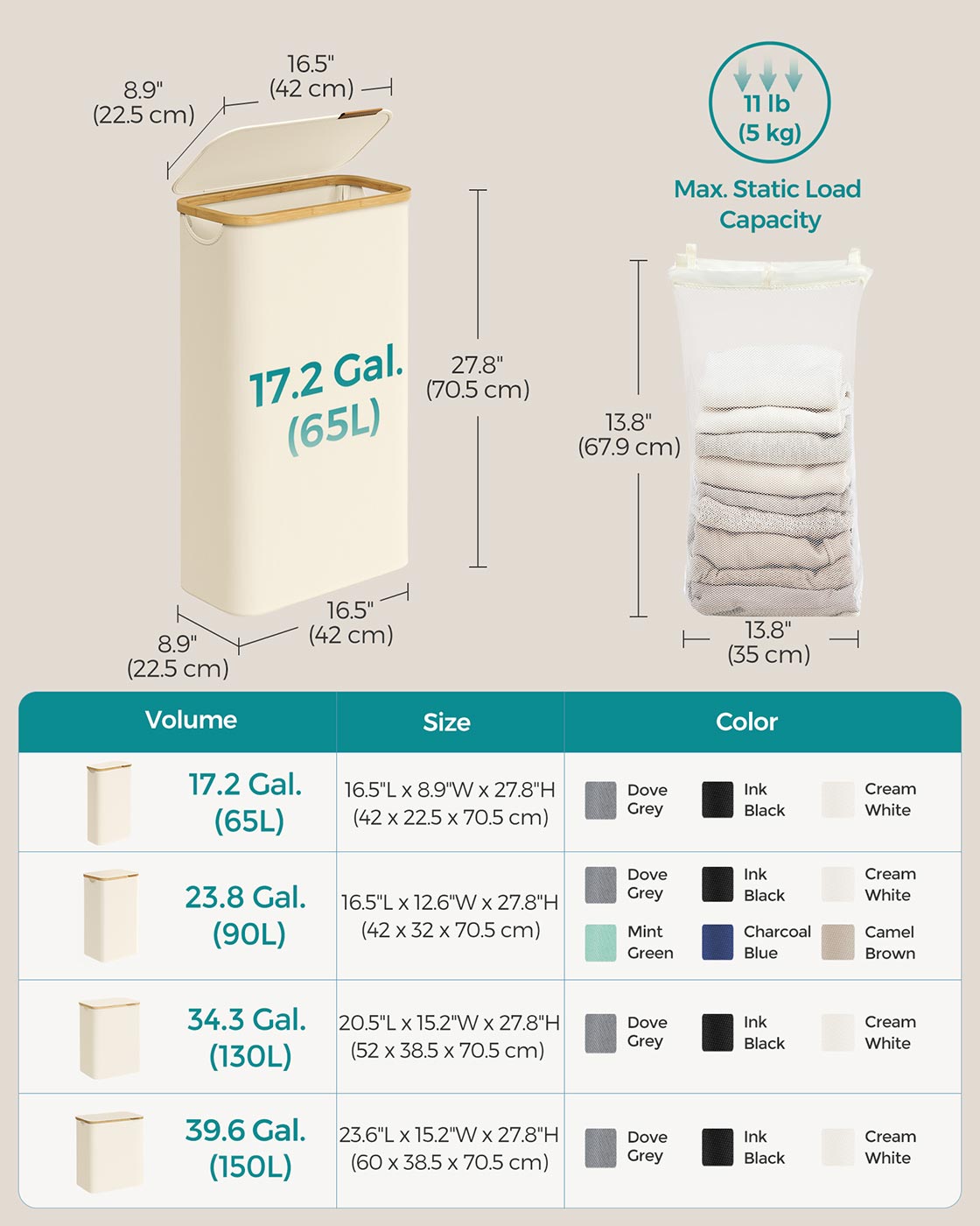 Laundry Basket - Oxford Fabric - Cream White - Slim Design with Lid and Removable Mesh Liner