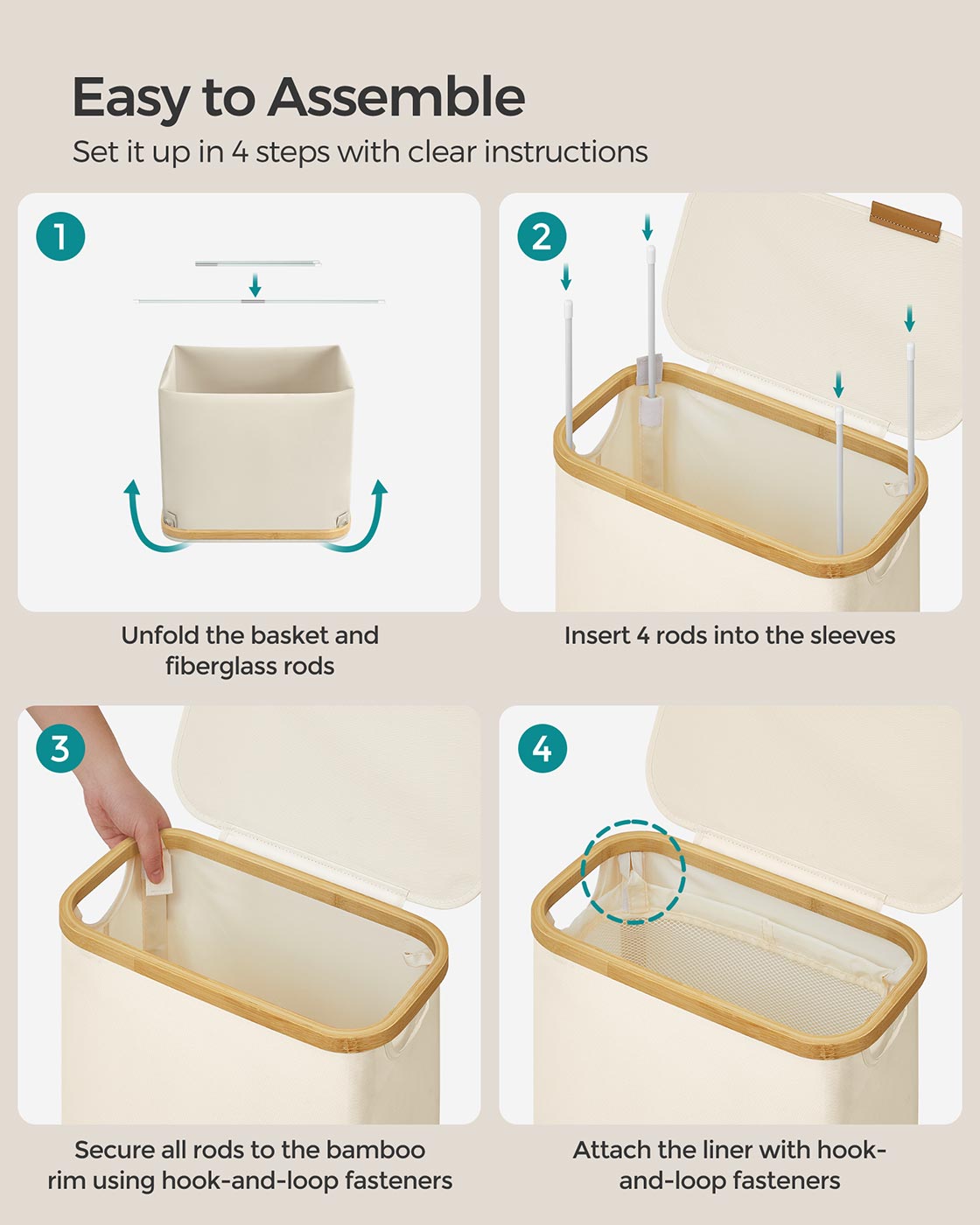 Laundry Basket - Oxford Fabric - Cream White - Slim Design with Lid and Removable Mesh Liner