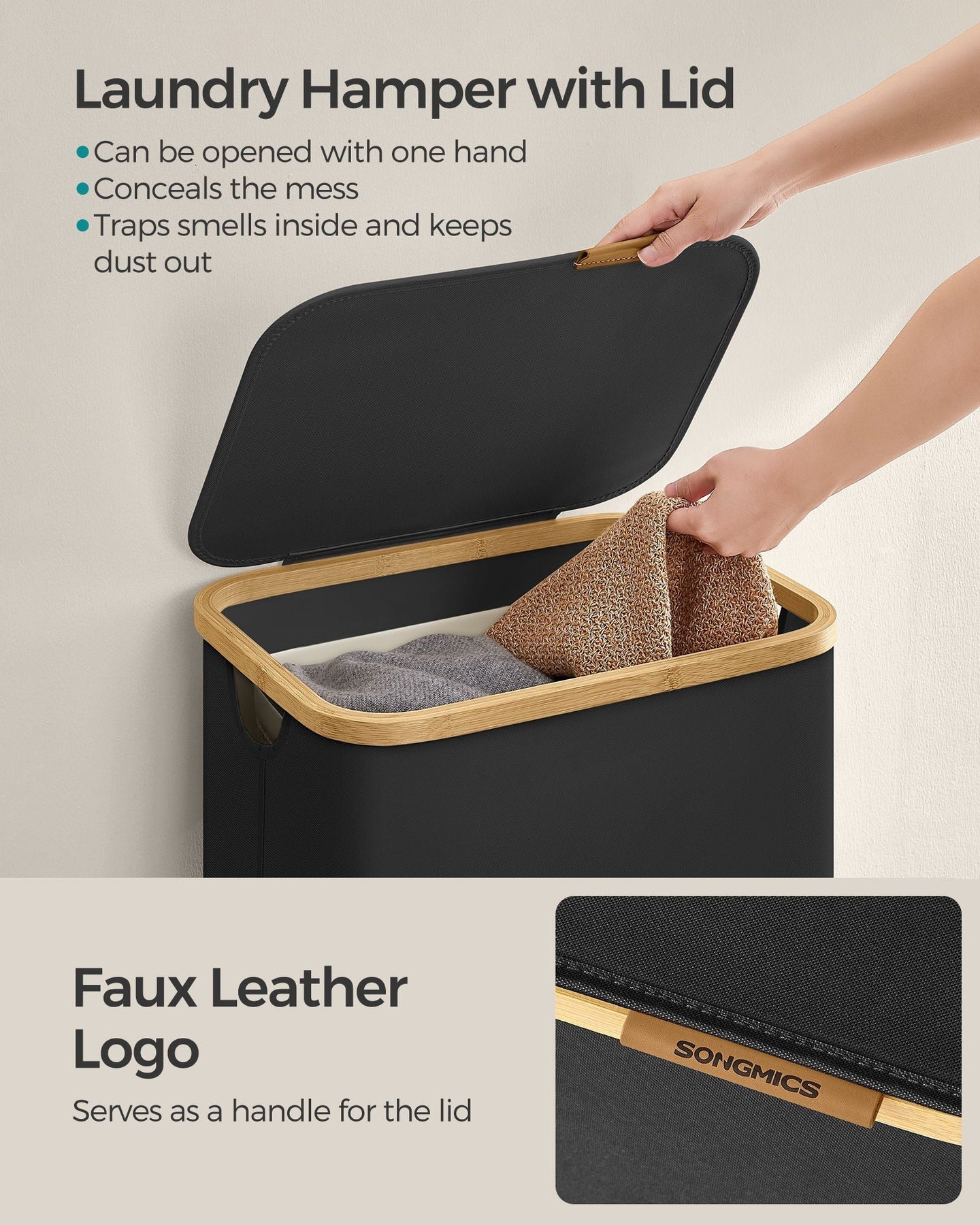 Laundry Basket - Oxford Fabric - Ink Black - Slim Design with Lid and Removable Mesh Liner