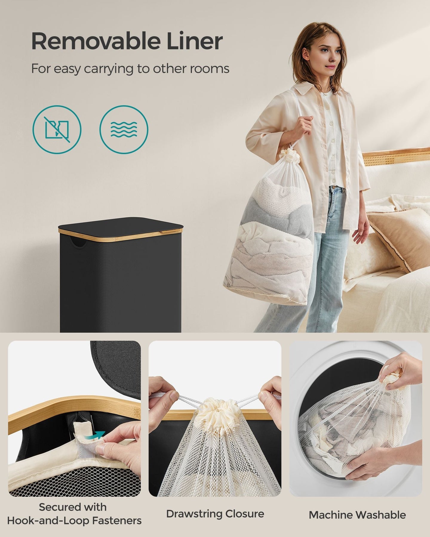 Laundry Basket - Oxford Fabric - Ink Black - Slim Design with Lid and Removable Mesh Liner