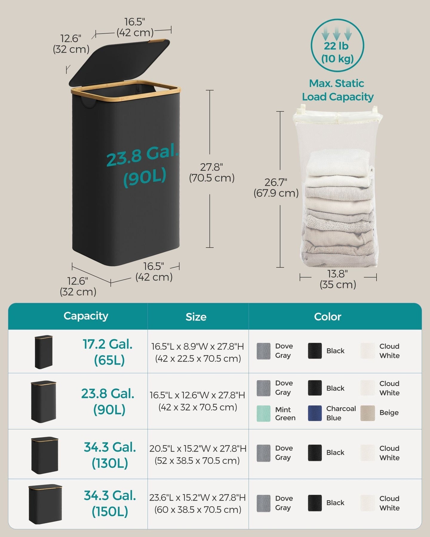 Laundry Basket - Oxford Fabric - Ink Black - Slim Design with Lid and Removable Mesh Liner