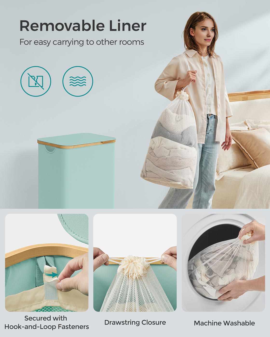Laundry Basket - Oxford Fabric - Cream White - Space-Saving with Lid and Removable Mesh Liner
