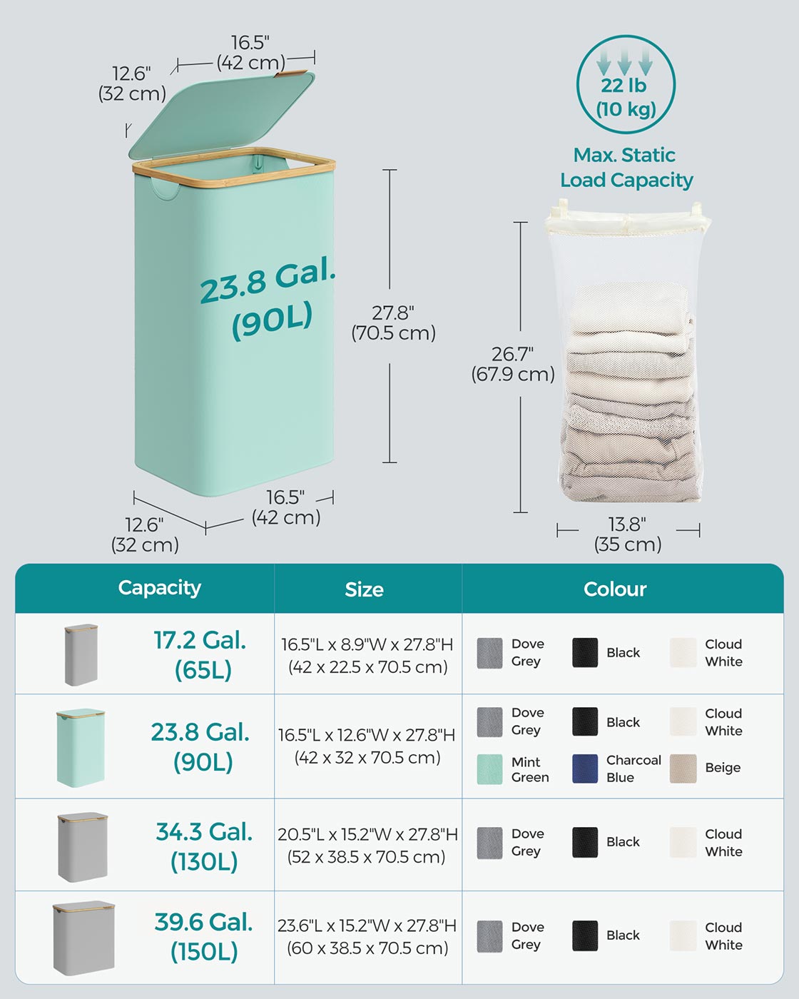 Laundry Basket - Oxford Fabric - Cream White - Space-Saving with Lid and Removable Mesh Liner