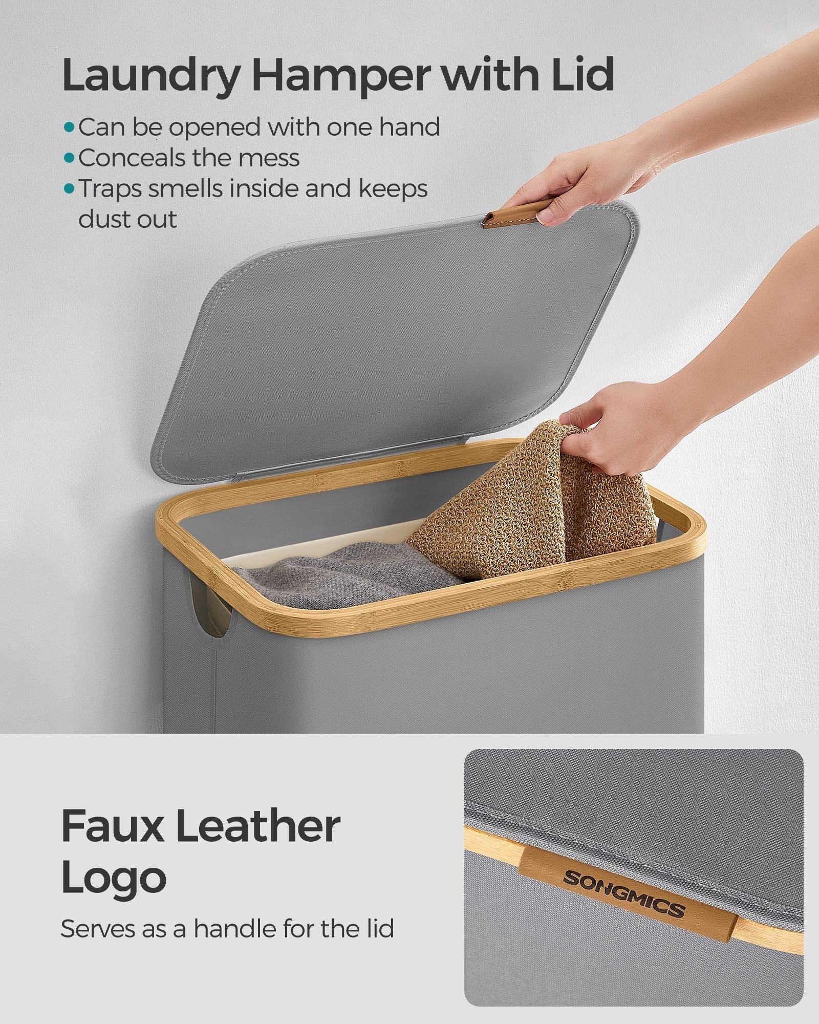 Laundry Basket - Oxford Fabric - Dove Grey - Slim Design with Lid and Removable Mesh Liner
