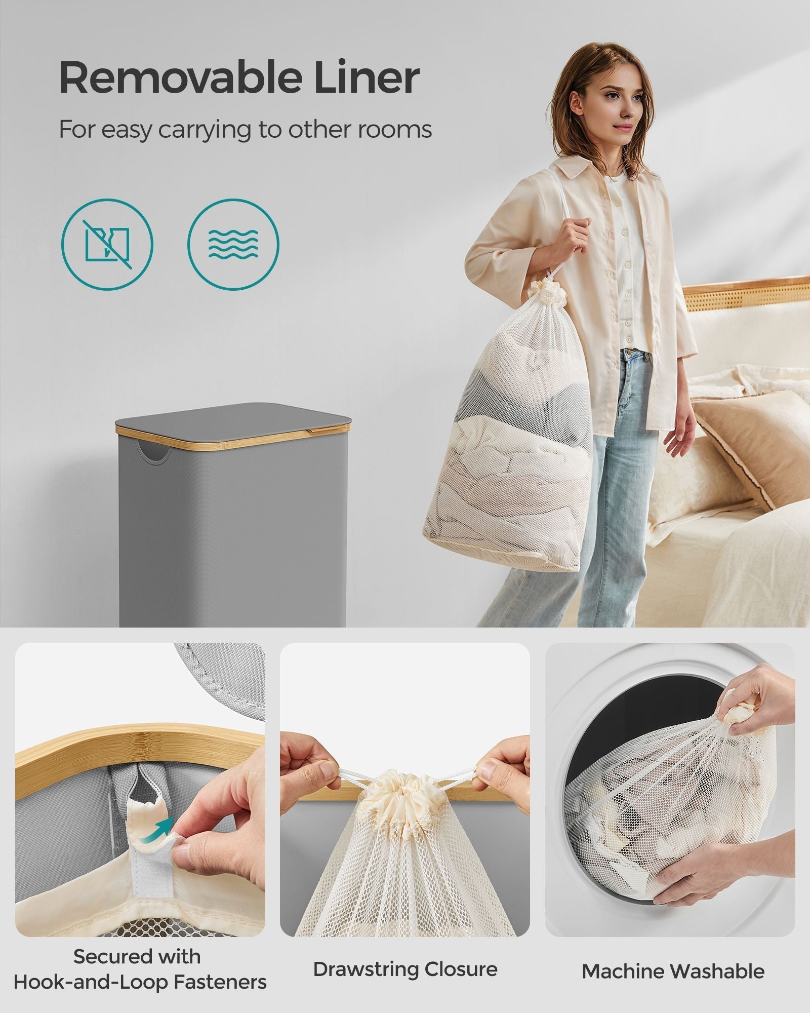 Laundry Basket - Oxford Fabric - Dove Grey - Slim Design with Lid and Removable Mesh Liner