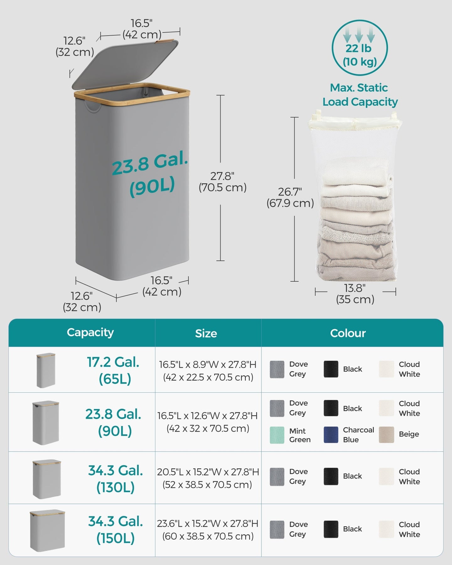 Laundry Basket - Oxford Fabric - Dove Grey - Slim Design with Lid and Removable Mesh Liner