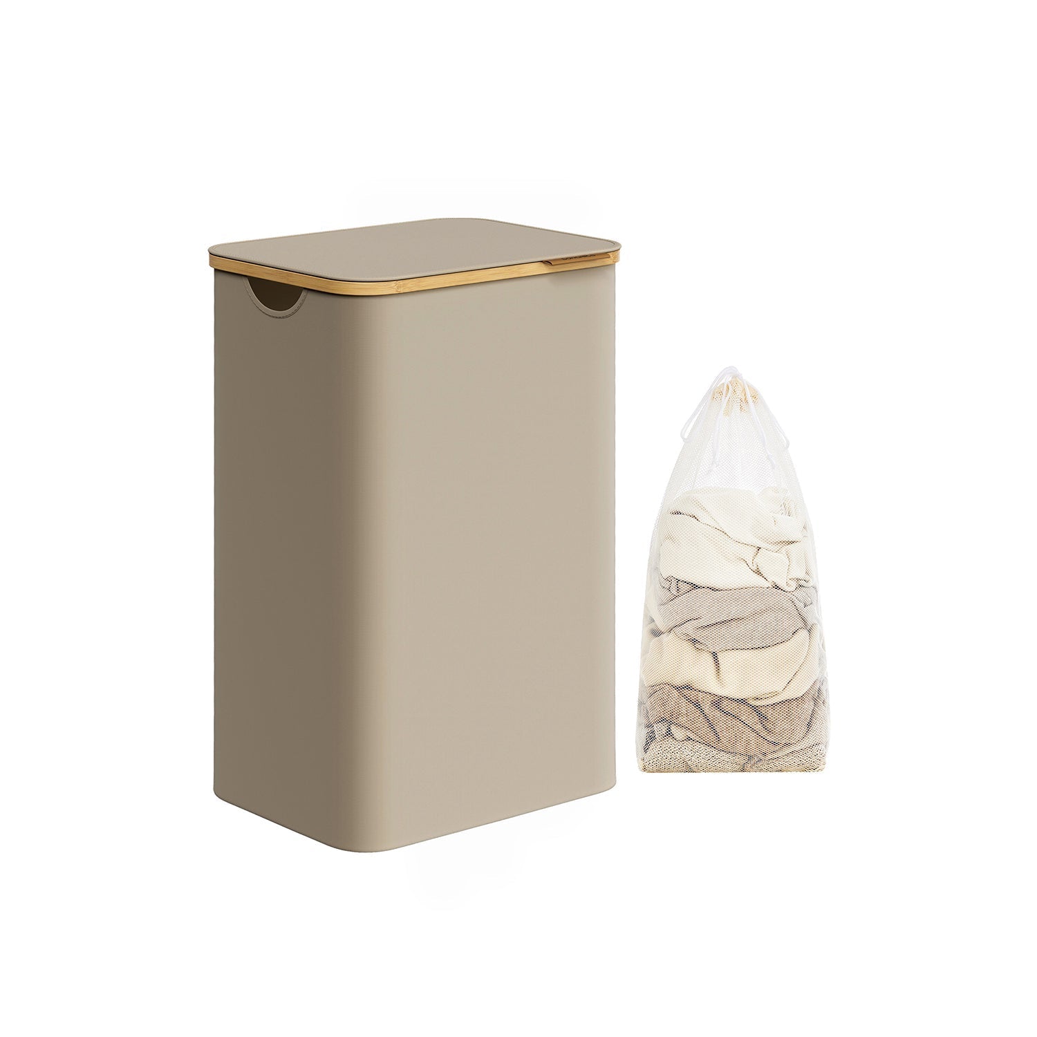 Laundry Basket - Oxford Fabric - Camel Brown - Slim Design with Lid and Removable Mesh Liner