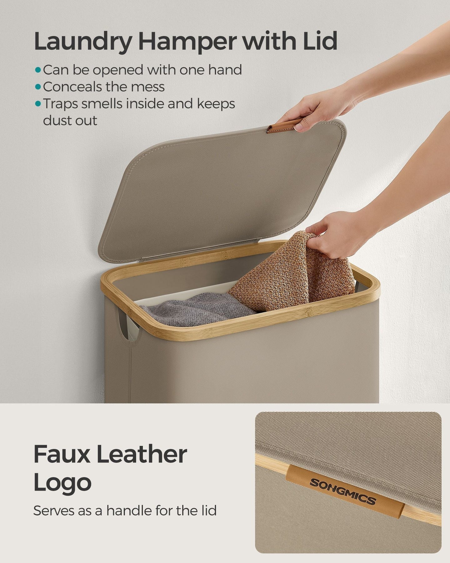 Laundry Basket - Oxford Fabric - Camel Brown - Slim Design with Lid and Removable Mesh Liner
