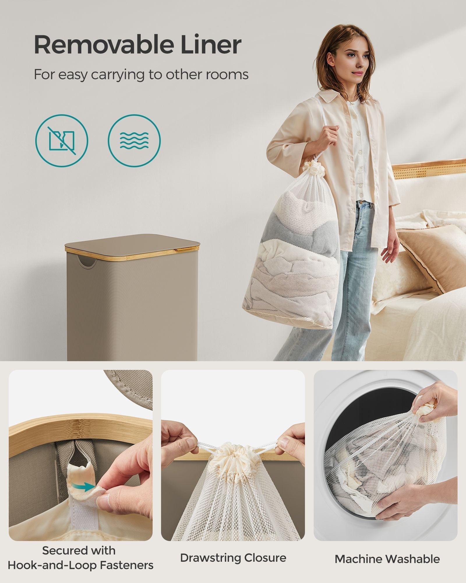 Laundry Basket - Oxford Fabric - Camel Brown - Slim Design with Lid and Removable Mesh Liner