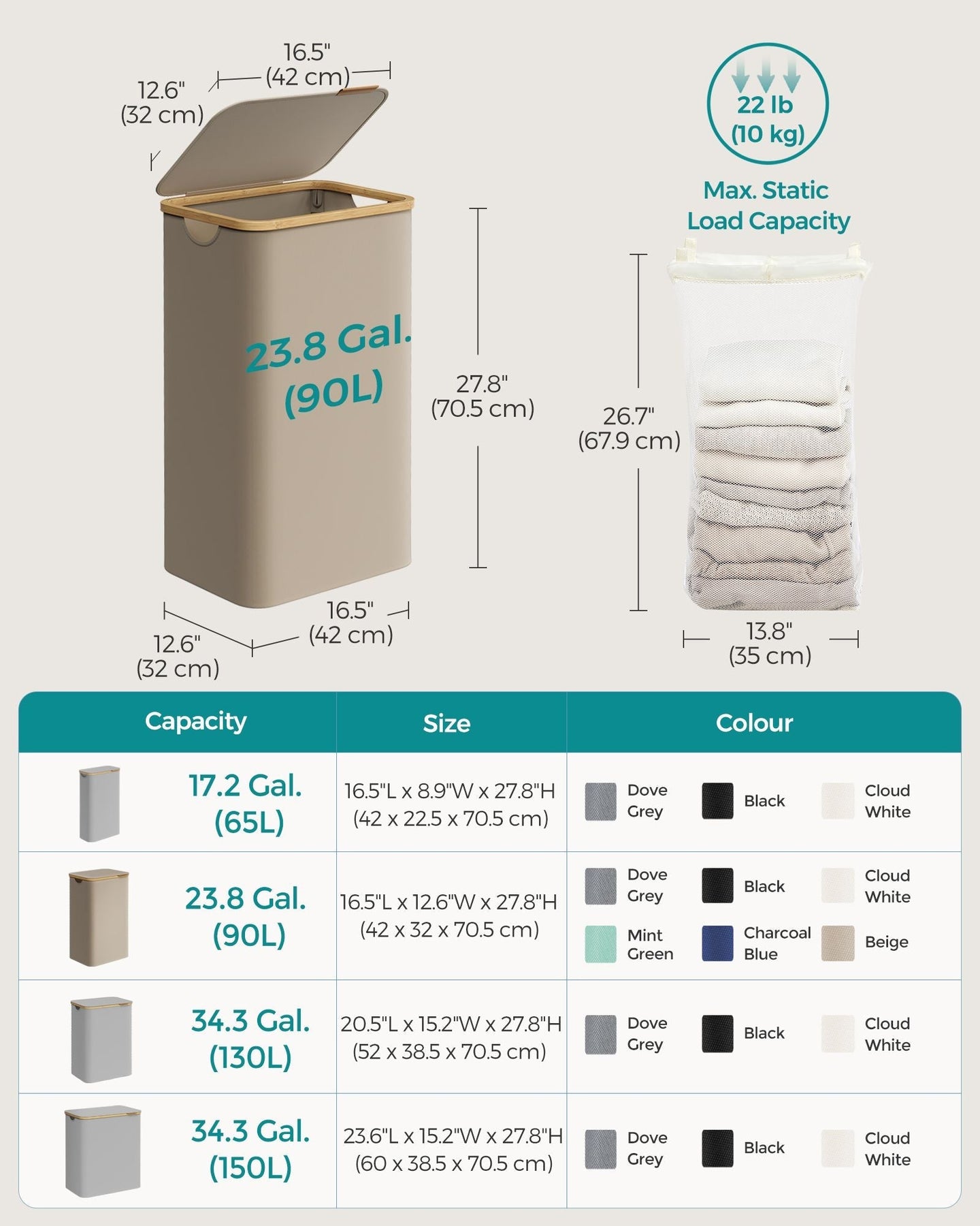 Laundry Basket - Oxford Fabric - Camel Brown - Slim Design with Lid and Removable Mesh Liner