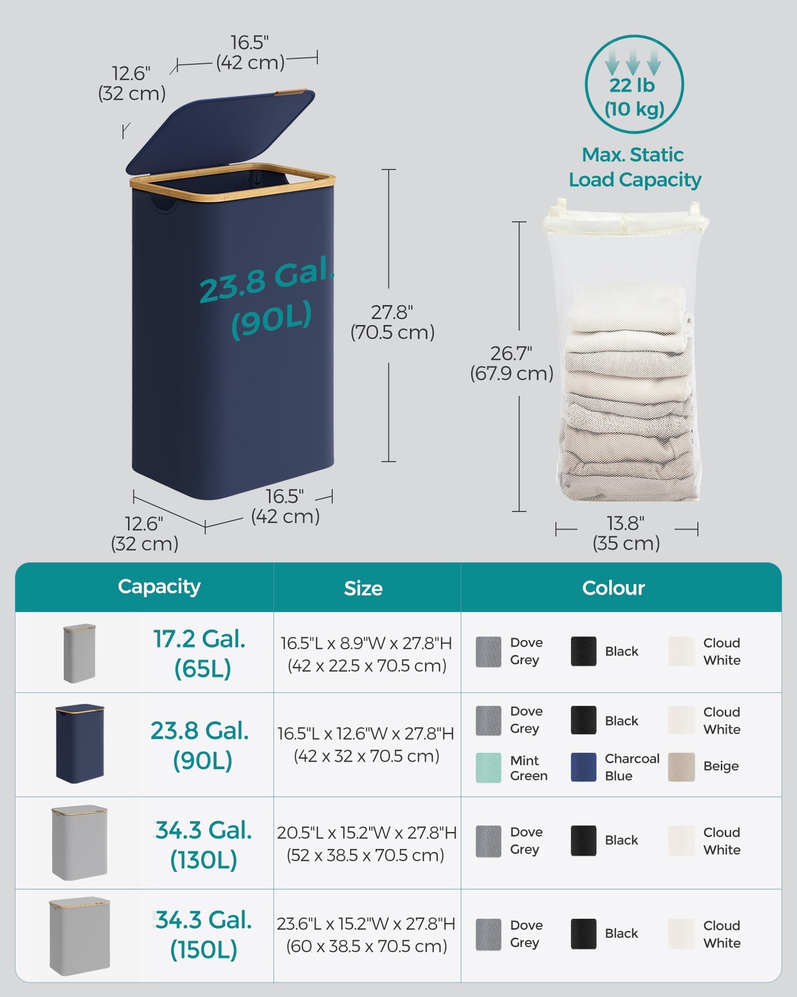 Laundry Basket - Oxford Fabric - Charcoal Blue - Slim
