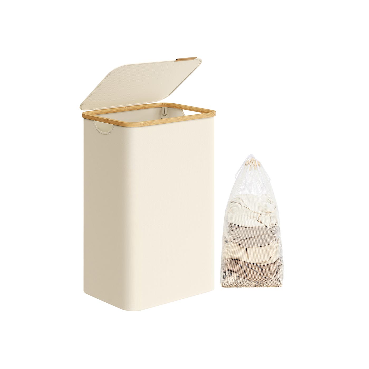 Laundry Basket - Oxford Fabric - Cream White - Space-Saving with Lid and Removable Mesh Liner