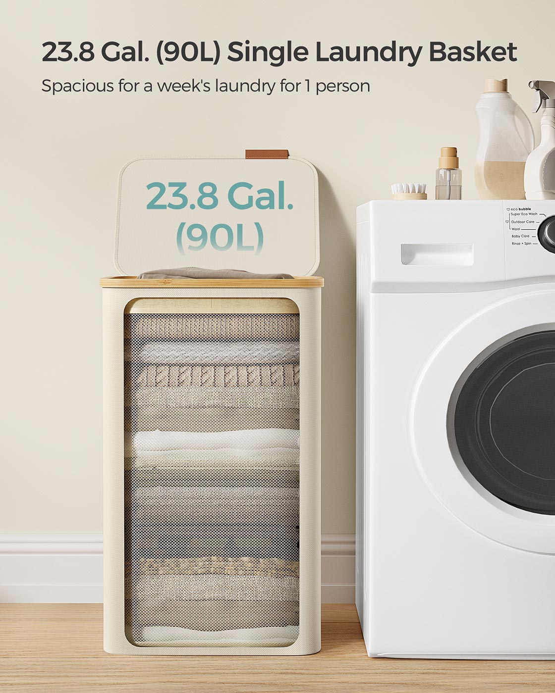 Laundry Basket - Oxford Fabric - Cream White - Space-Saving with Lid and Removable Mesh Liner