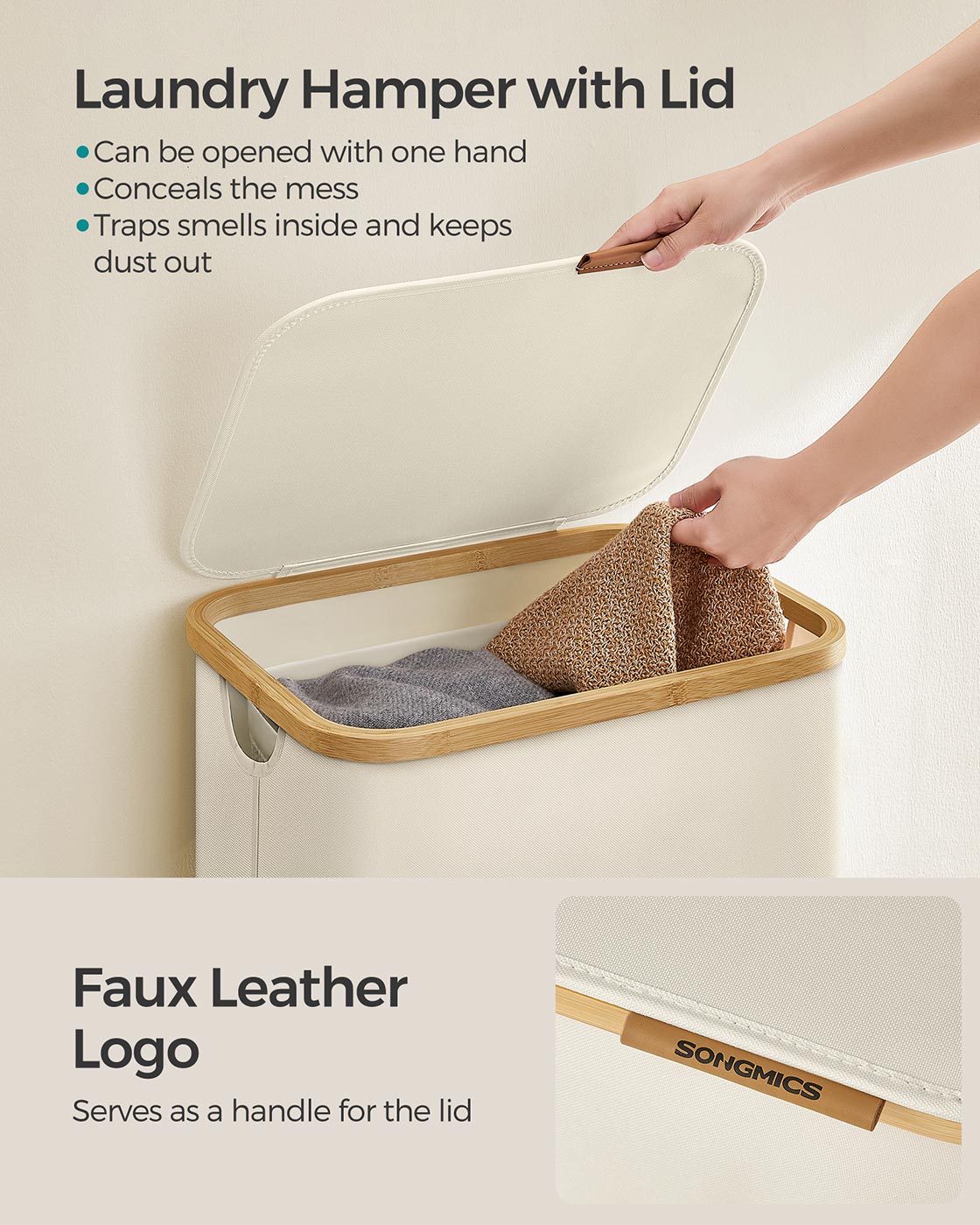 Laundry Basket - Oxford Fabric - Cream White - Space-Saving with Lid and Removable Mesh Liner