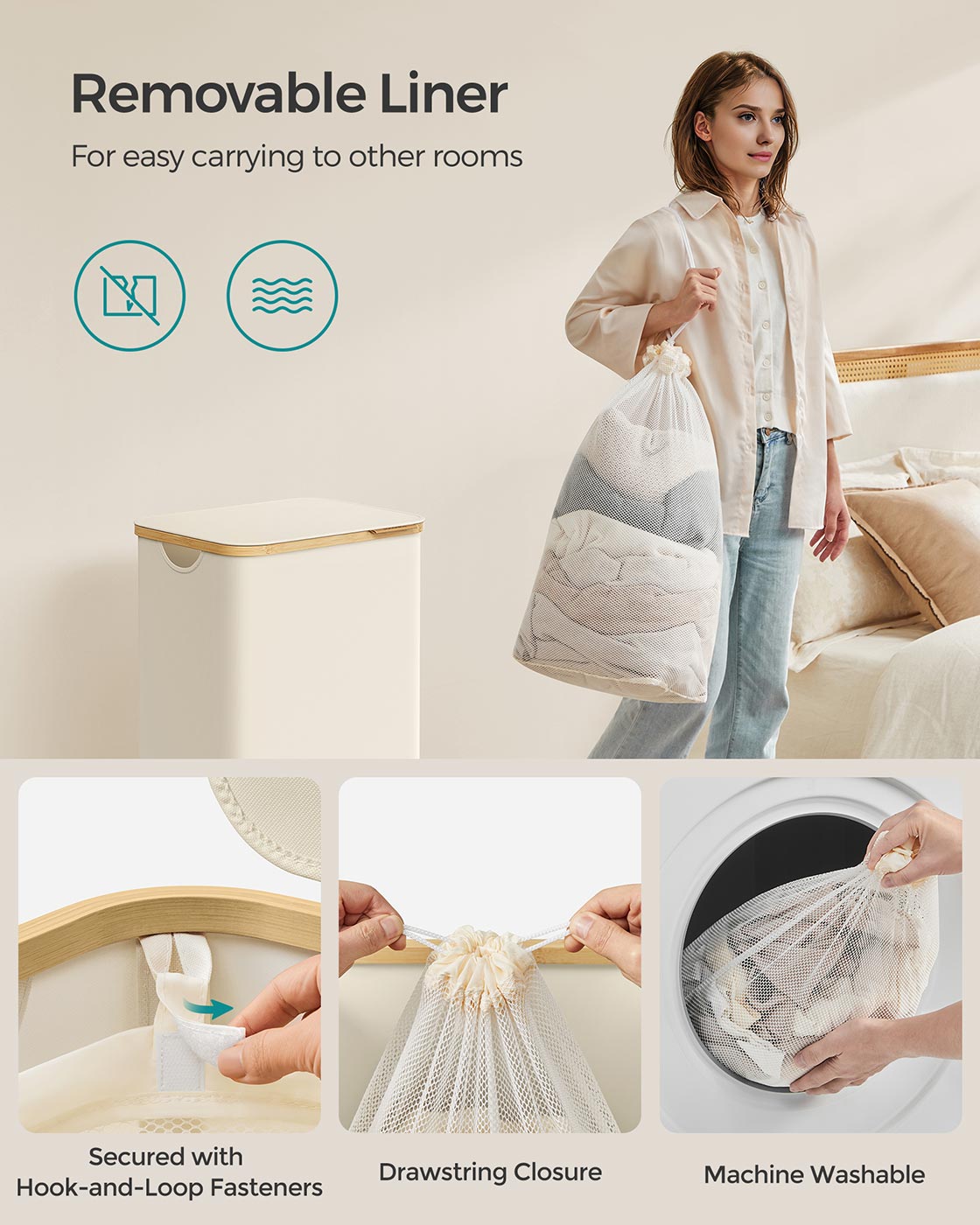 Laundry Basket - Oxford Fabric - Cream White - Space-Saving with Lid and Removable Mesh Liner