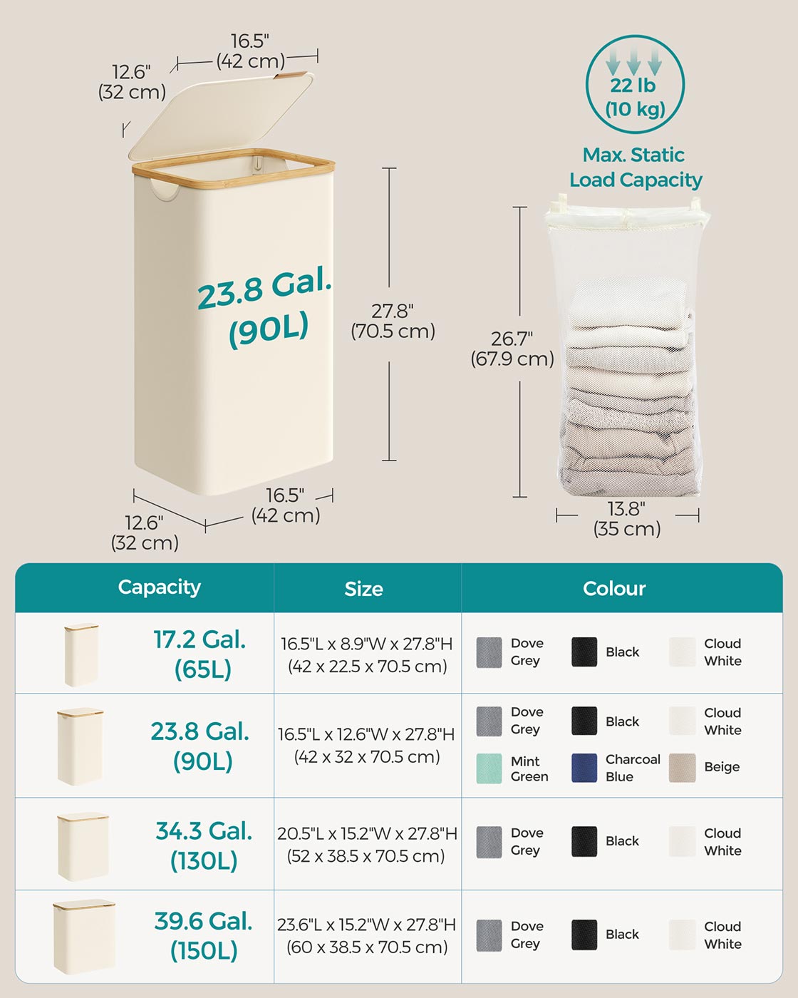 Laundry Basket - Oxford Fabric - Cream White - Space-Saving with Lid and Removable Mesh Liner