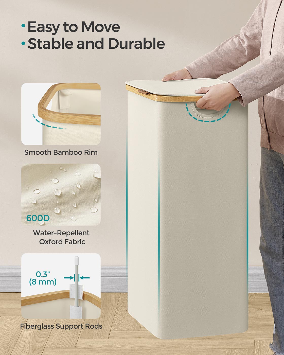 Laundry Basket - Oxford Fabric - Cream White - Space-Saving with Lid and Removable Mesh Liner