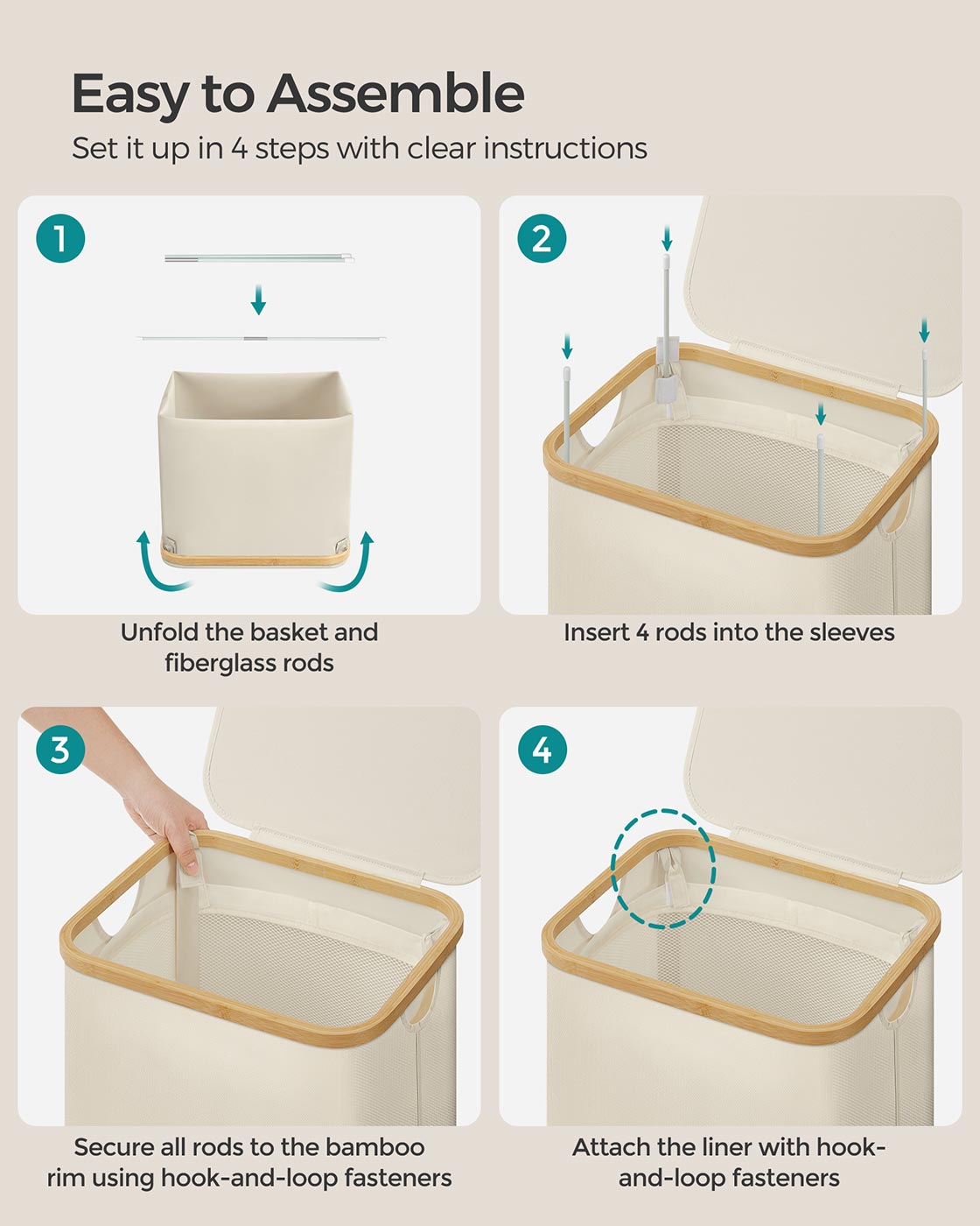 Laundry Basket - Oxford Fabric - Cream White - Space-Saving with Lid and Removable Mesh Liner
