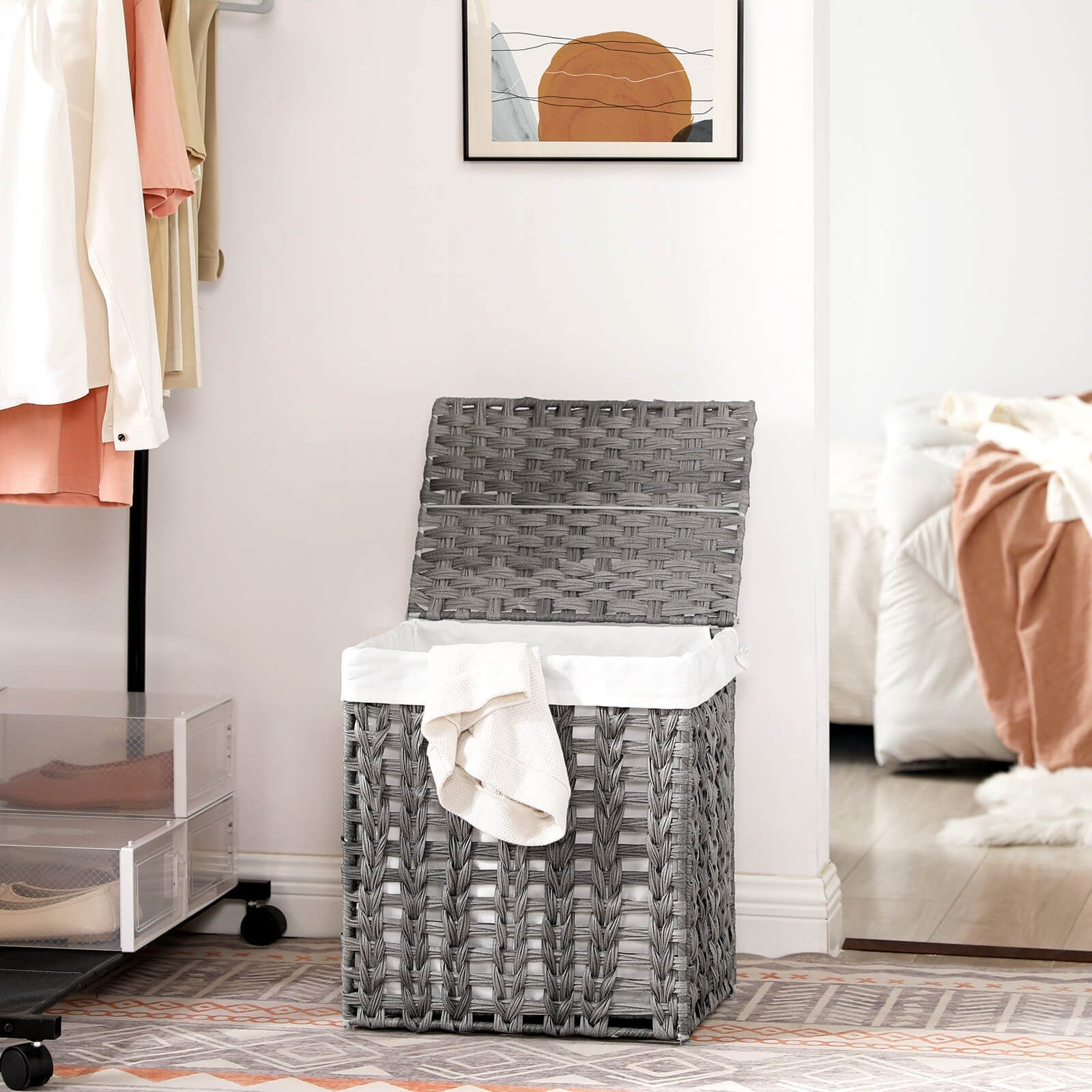 Laundry Hamper - Handwoven Rattan-Style - Grey - Lid & Removable Liner Bag