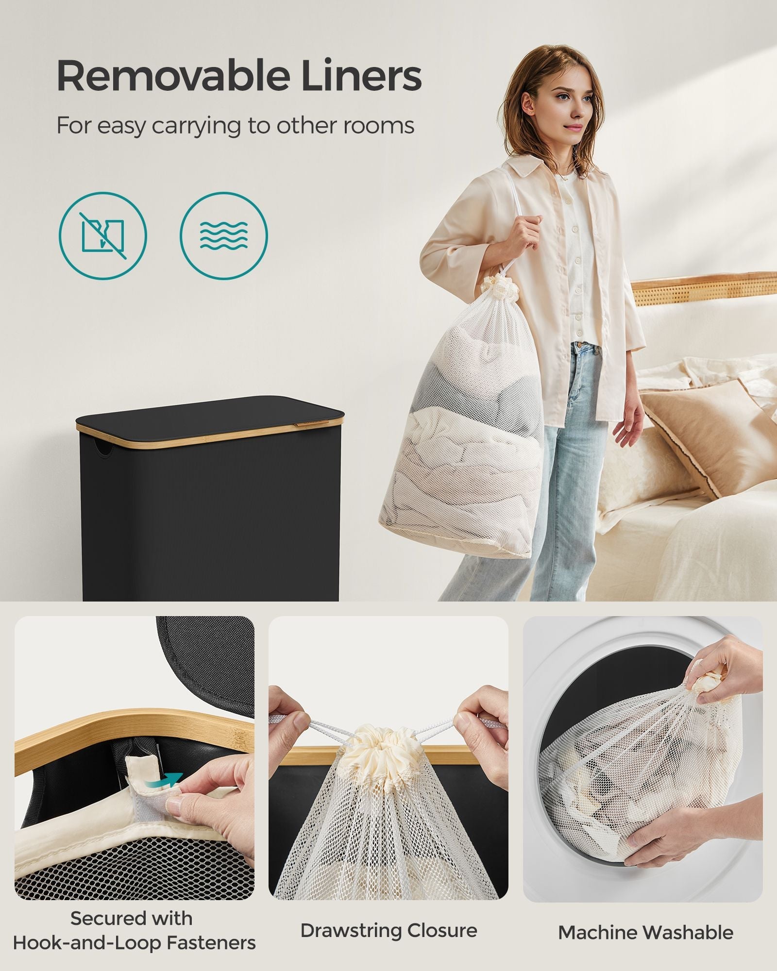 Large 130L Laundry Basket - Oxford Fabric - Ink Black - Collapsible with Lid and Removable Mesh Liner