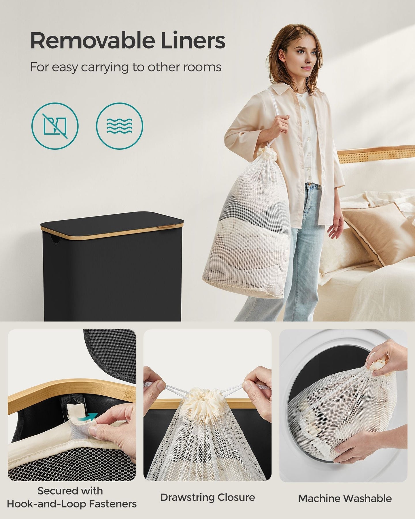 Large 130L Laundry Basket - Oxford Fabric - Ink Black - Collapsible with Lid and Removable Mesh Liner