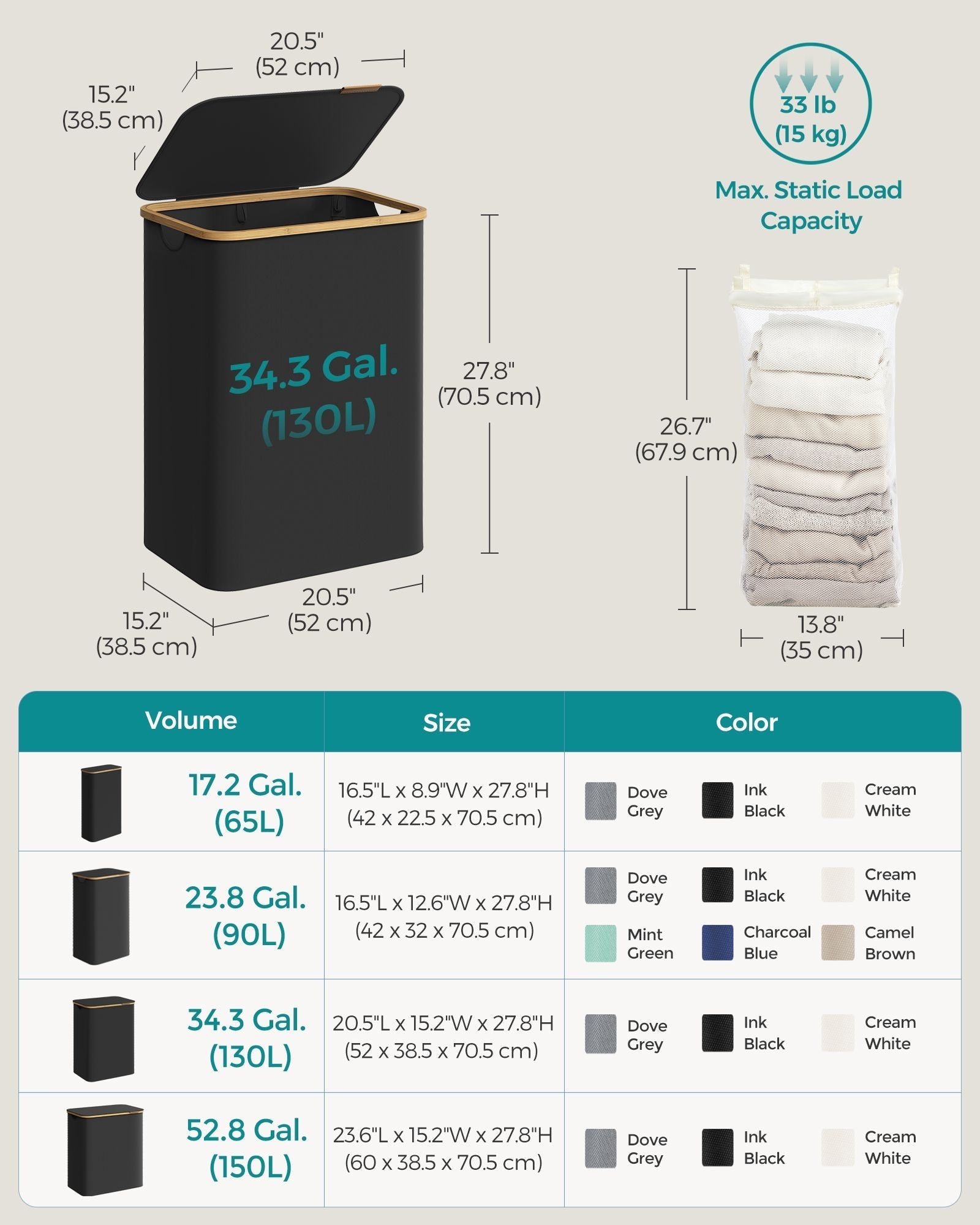Large 130L Laundry Basket - Oxford Fabric - Ink Black - Collapsible with Lid and Removable Mesh Liner
