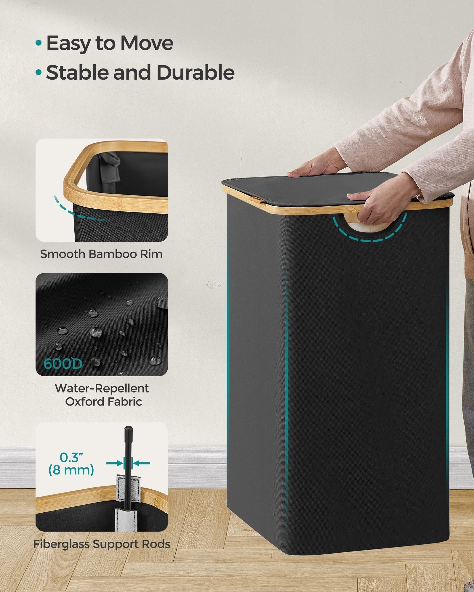 Large 130L Laundry Basket - Oxford Fabric - Ink Black - Collapsible with Lid and Removable Mesh Liner