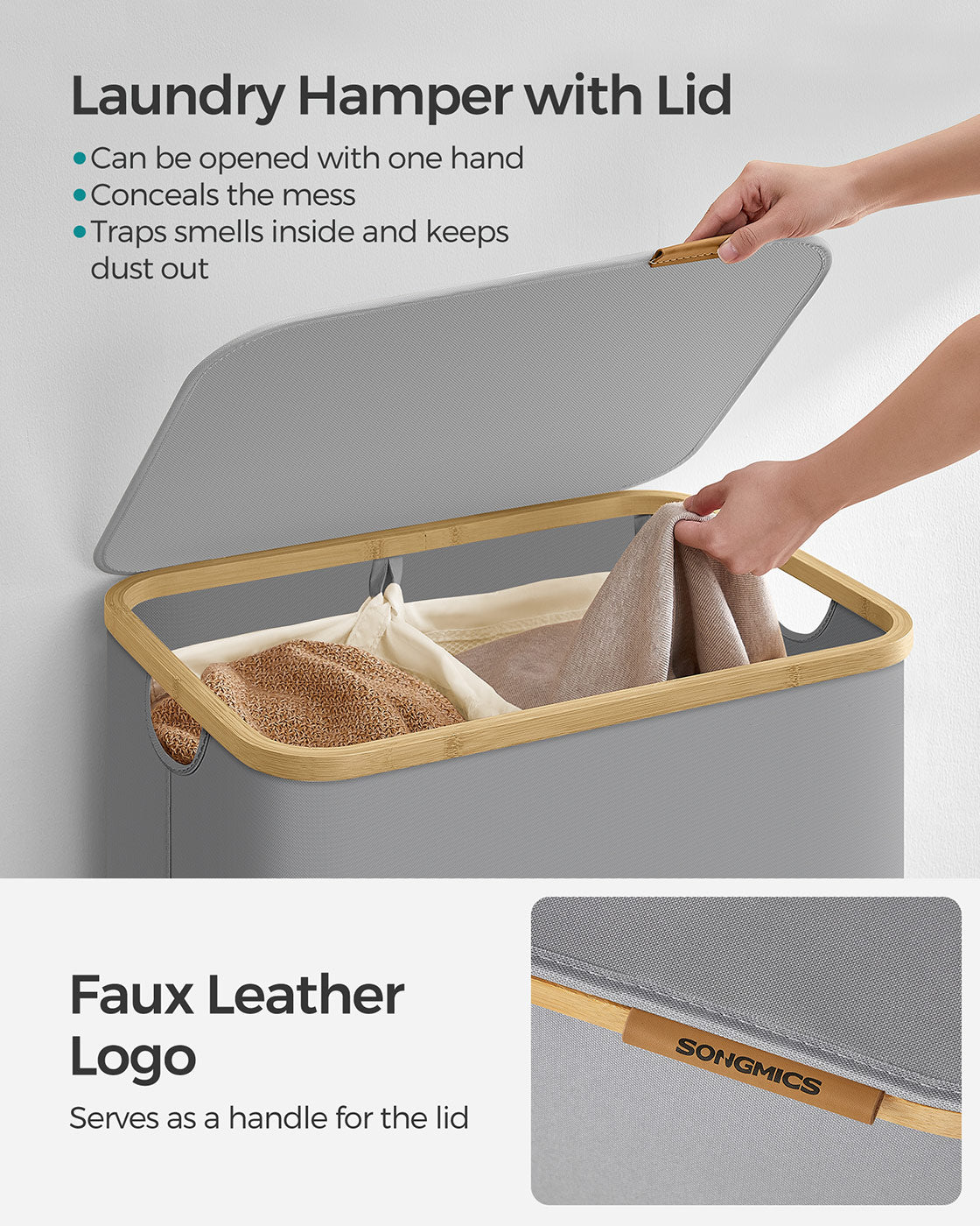 Laundry Basket - Oxford Fabric - Dove Grey - 2-Section with Lid and Removable Mesh Liner
