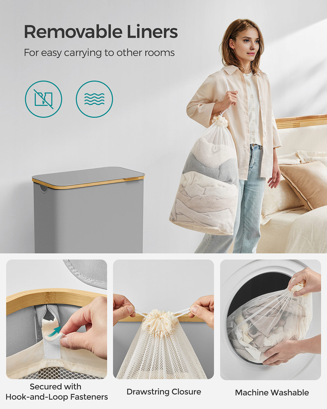 Laundry Basket - Oxford Fabric - Dove Grey - 2-Section with Lid and Removable Mesh Liner