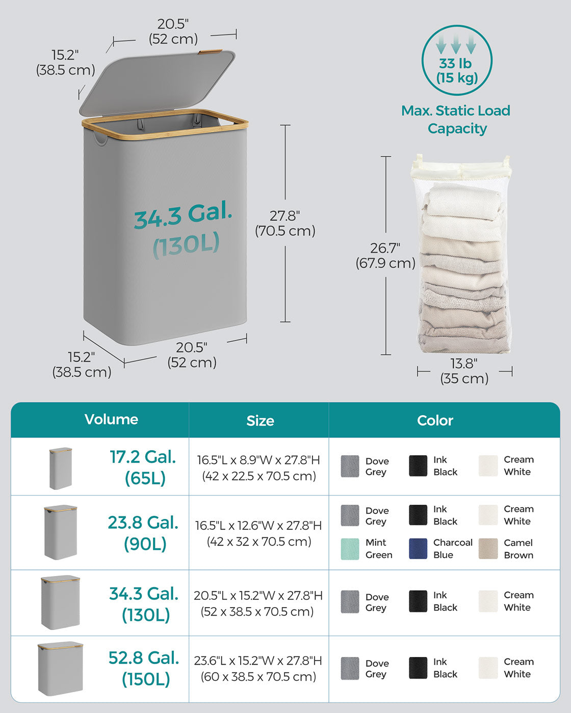 Laundry Basket - Oxford Fabric - Dove Grey - 2-Section with Lid and Removable Mesh Liner