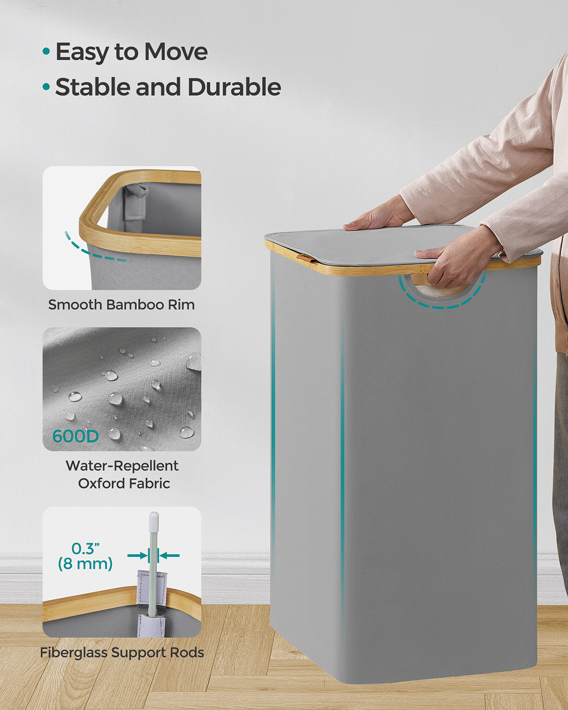 Laundry Basket - Oxford Fabric - Dove Grey - 2-Section with Lid and Removable Mesh Liner