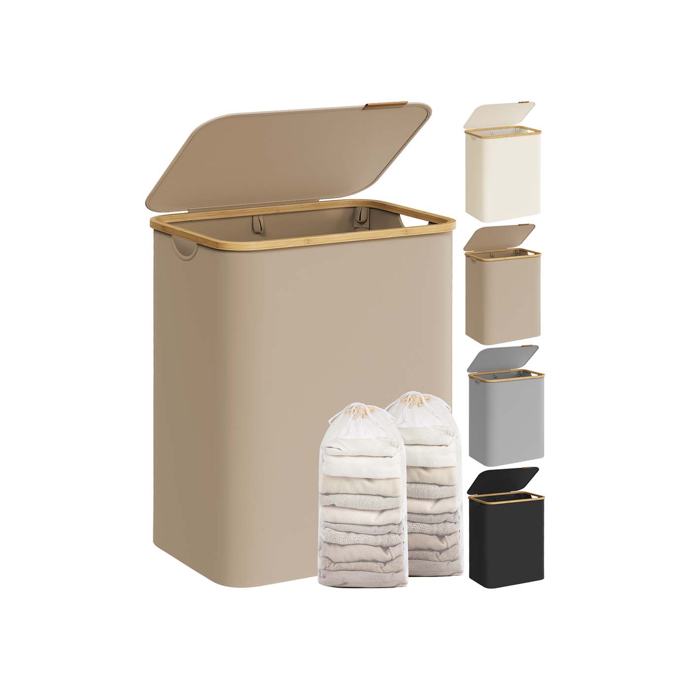 Laundry Basket - Oxford Fabric - Camel Brown - 2-Section with Lid and Removable Mesh Liner