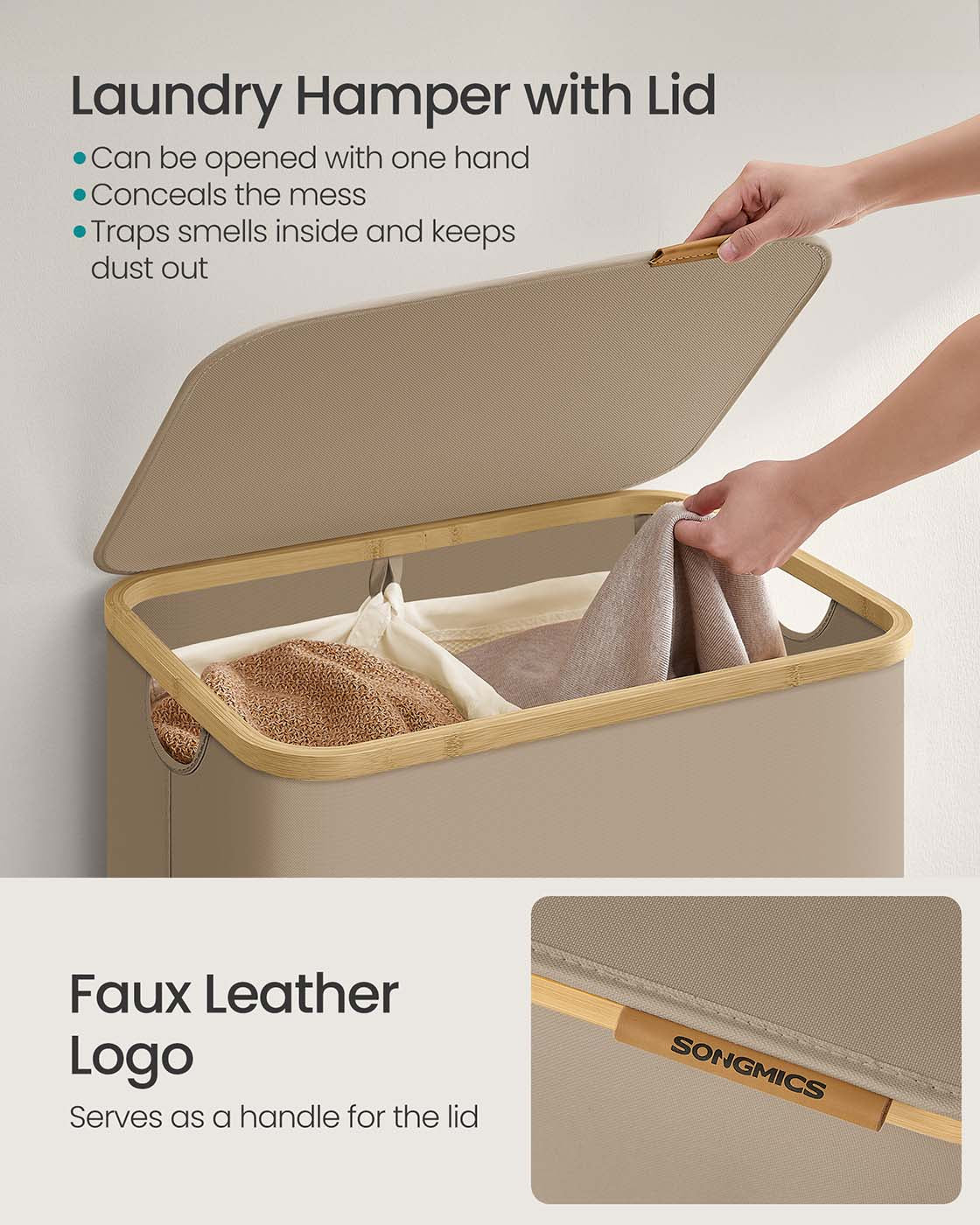 Laundry Basket - Oxford Fabric - Camel Brown - 2-Section with Lid and Removable Mesh Liner