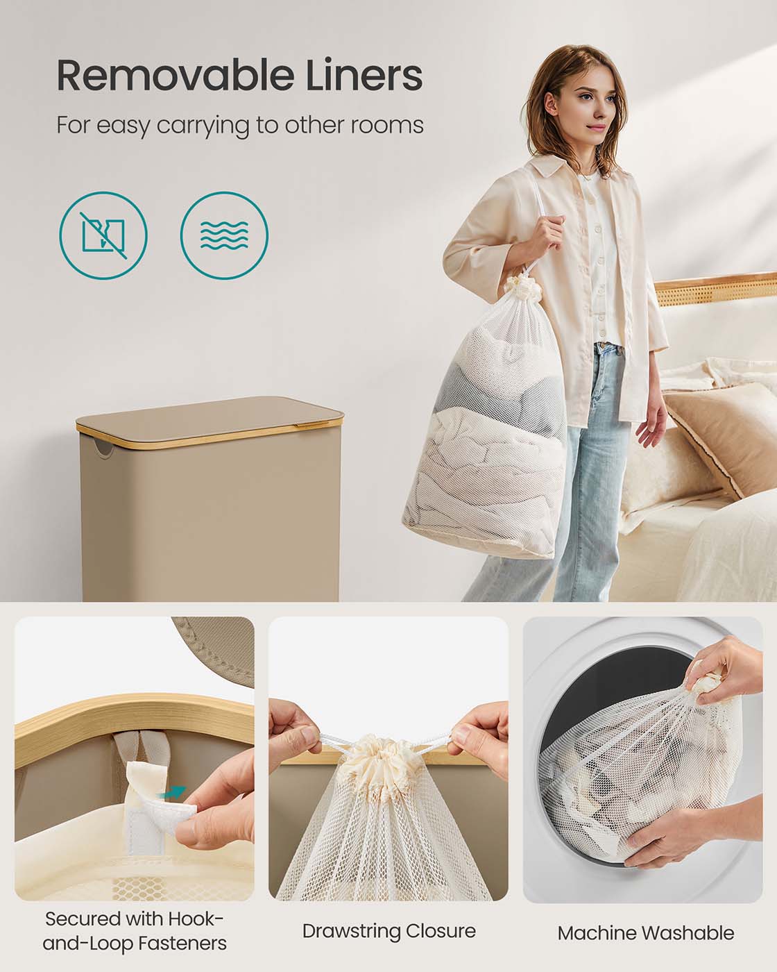 Laundry Basket - Oxford Fabric - Camel Brown - 2-Section with Lid and Removable Mesh Liner