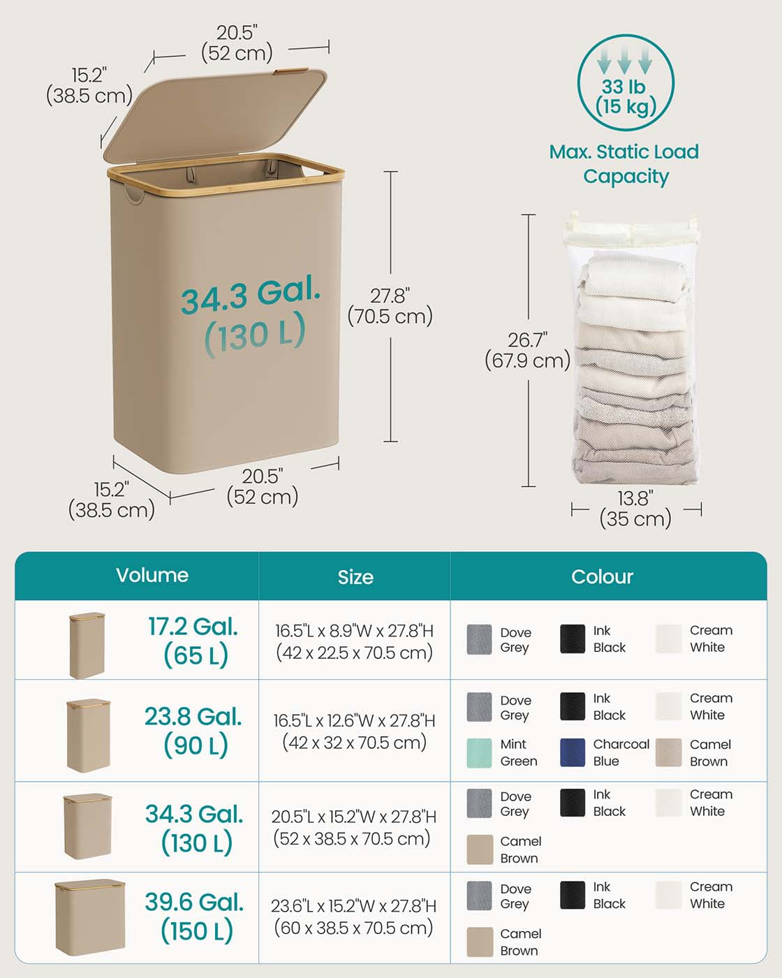 Laundry Basket - Oxford Fabric - Camel Brown - 2-Section with Lid and Removable Mesh Liner