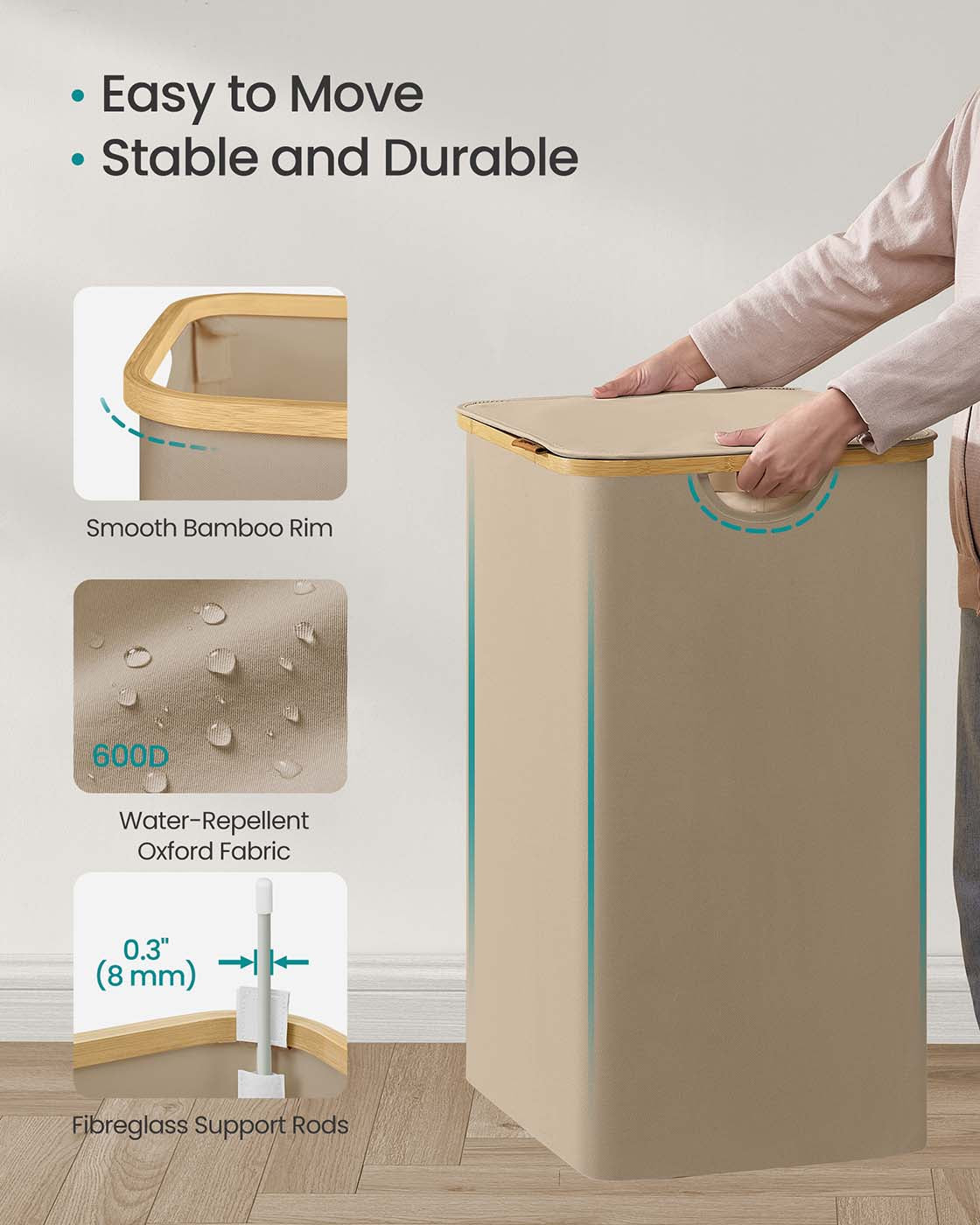 Laundry Basket - Oxford Fabric - Camel Brown - 2-Section with Lid and Removable Mesh Liner