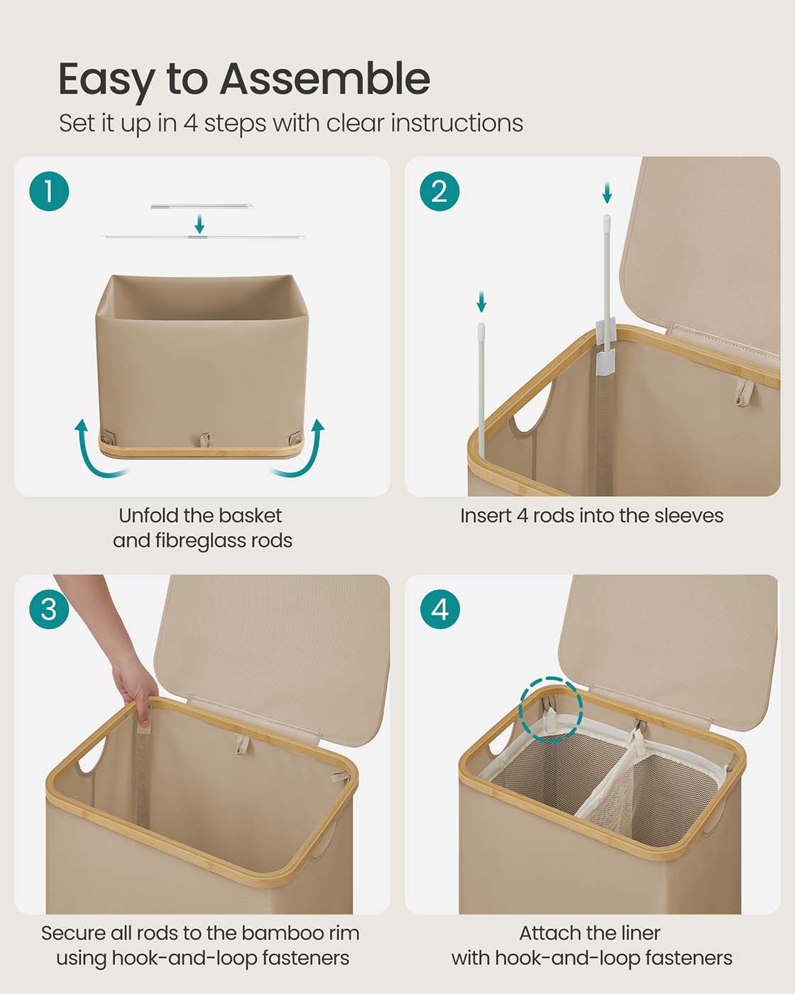 Laundry Basket - Oxford Fabric - Camel Brown - 2-Section with Lid and Removable Mesh Liner