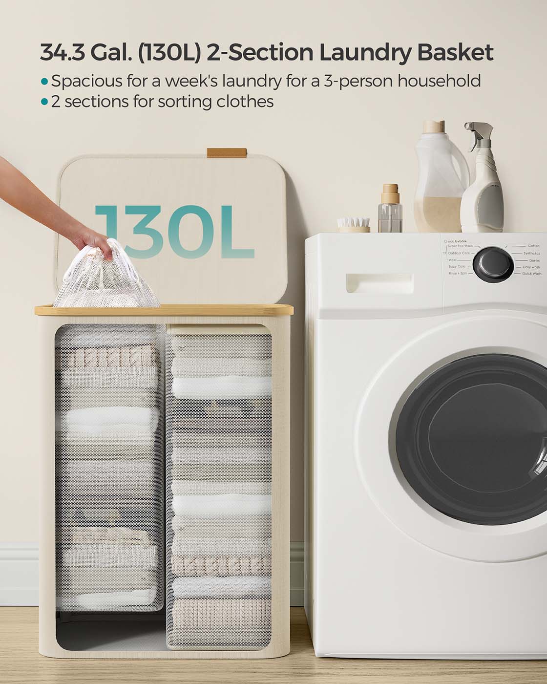 Laundry Basket - Oxford Fabric - Cream White - 130L Capacity