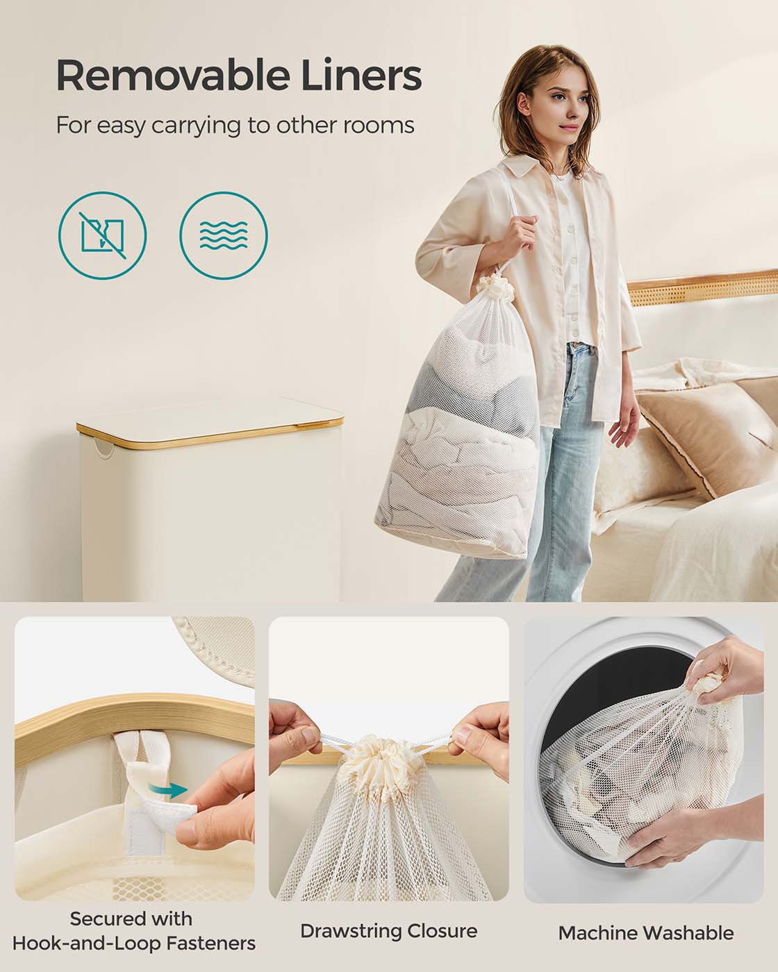 Laundry Basket - Oxford Fabric - Cream White - 130L Capacity