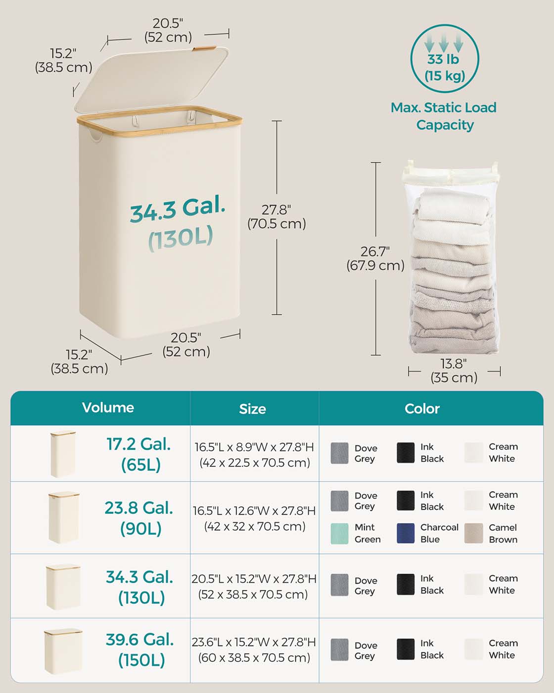 Laundry Basket - Oxford Fabric - Cream White - 130L Capacity