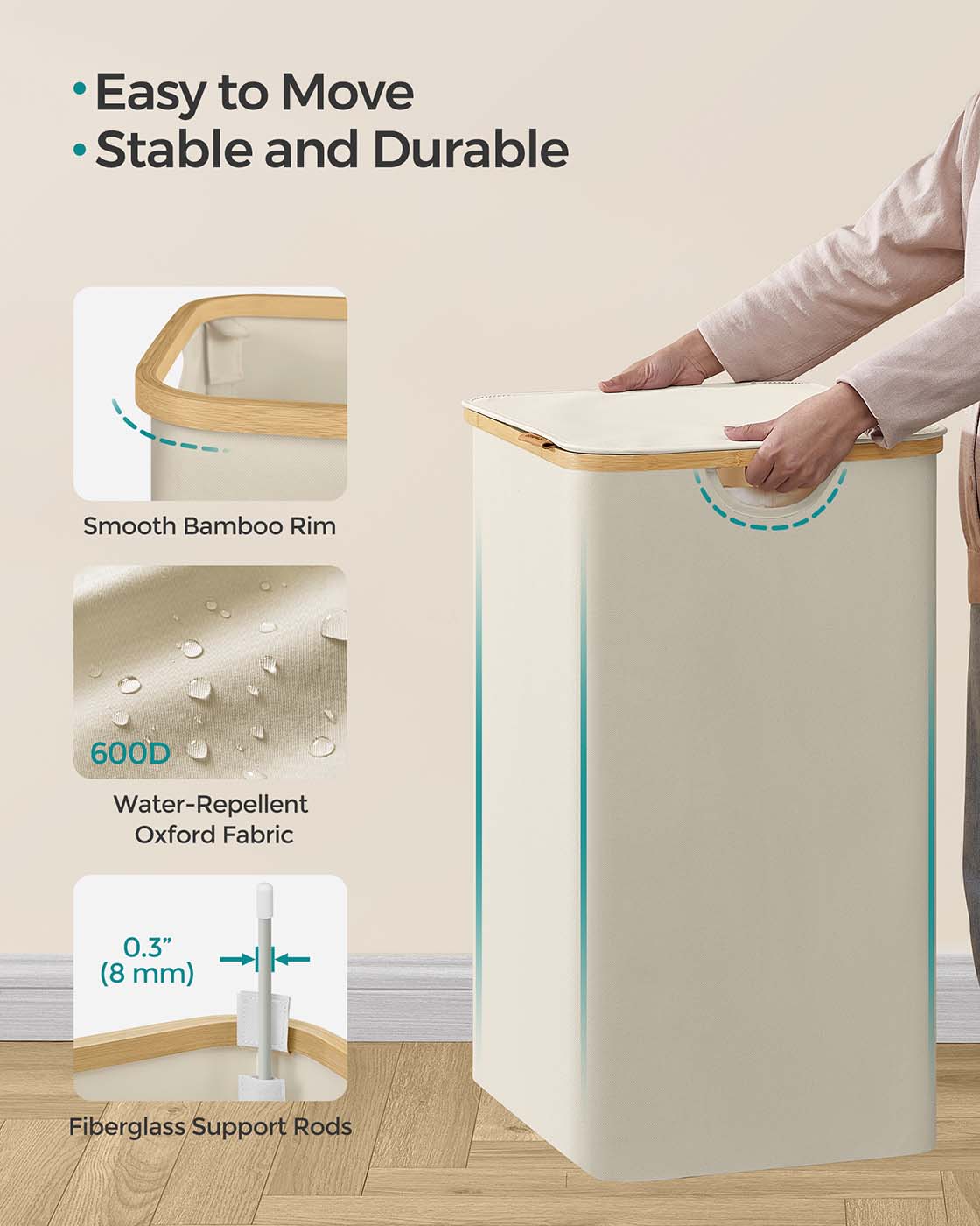 Laundry Basket - Oxford Fabric - Cream White - 130L Capacity