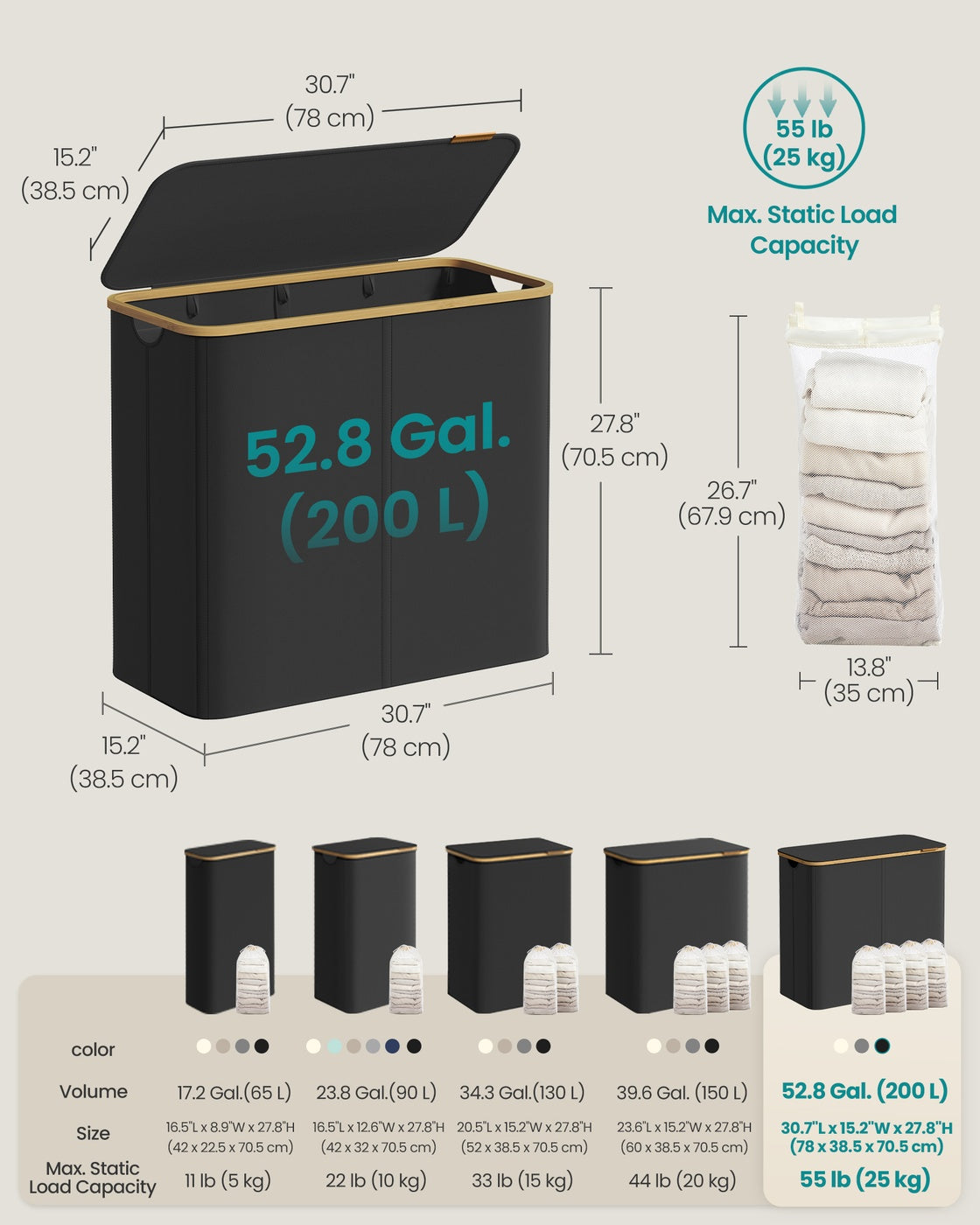 Laundry Basket - Oxford Fabric - Slim Design