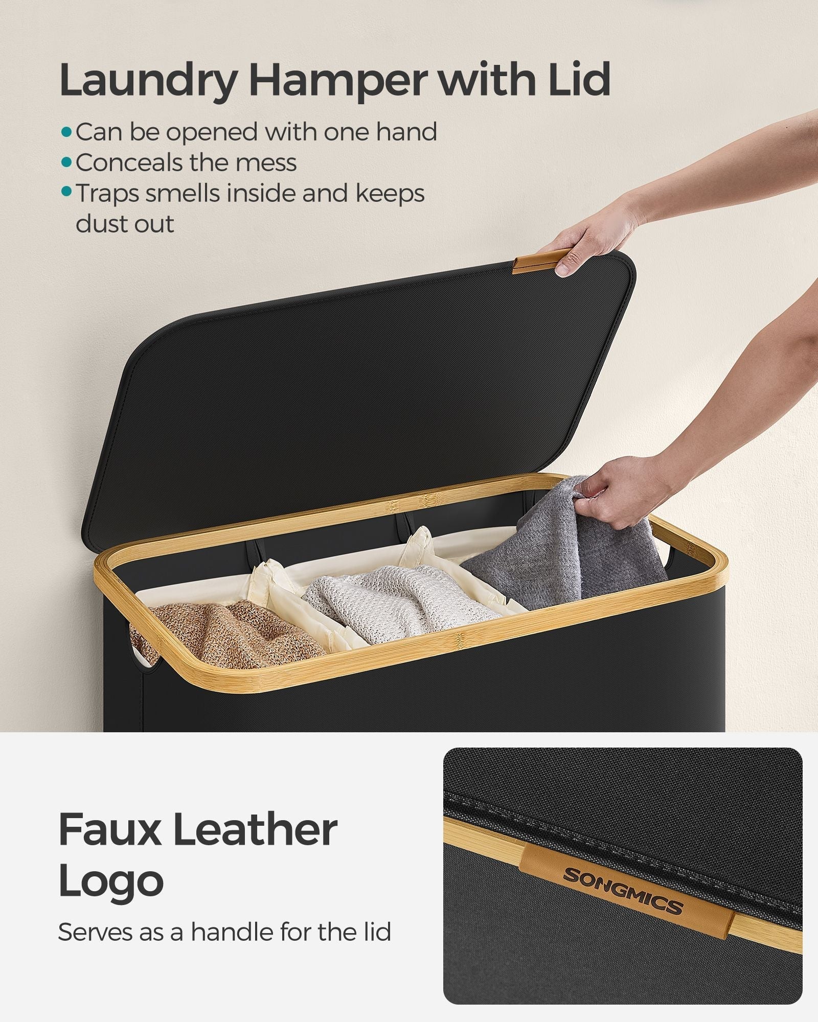 Laundry Basket - Oxford Fabric - Ink Black - 3-Section with Lid and Removable Mesh Liner