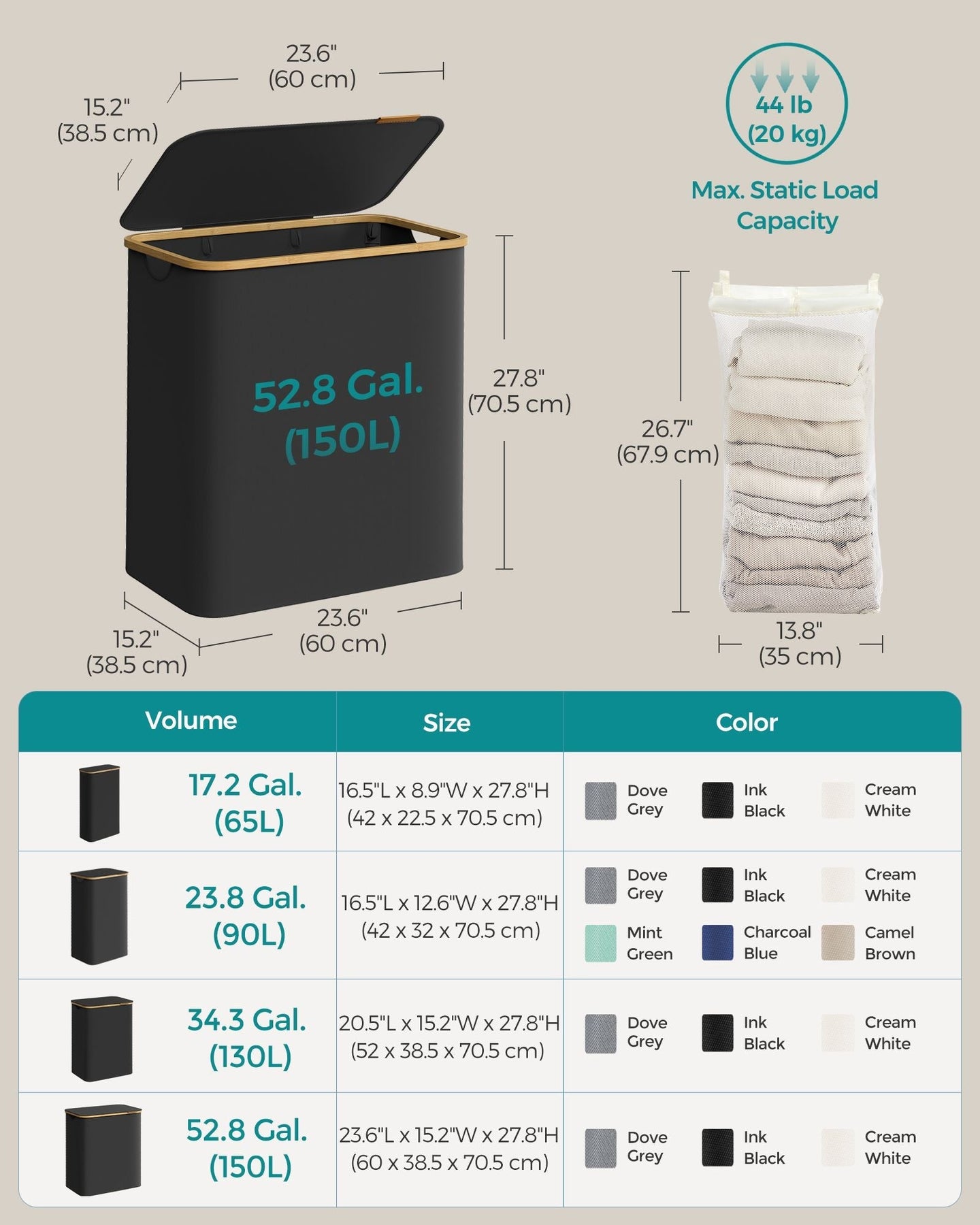 Laundry Basket - Oxford Fabric - Ink Black - 3-Section with Lid and Removable Mesh Liner