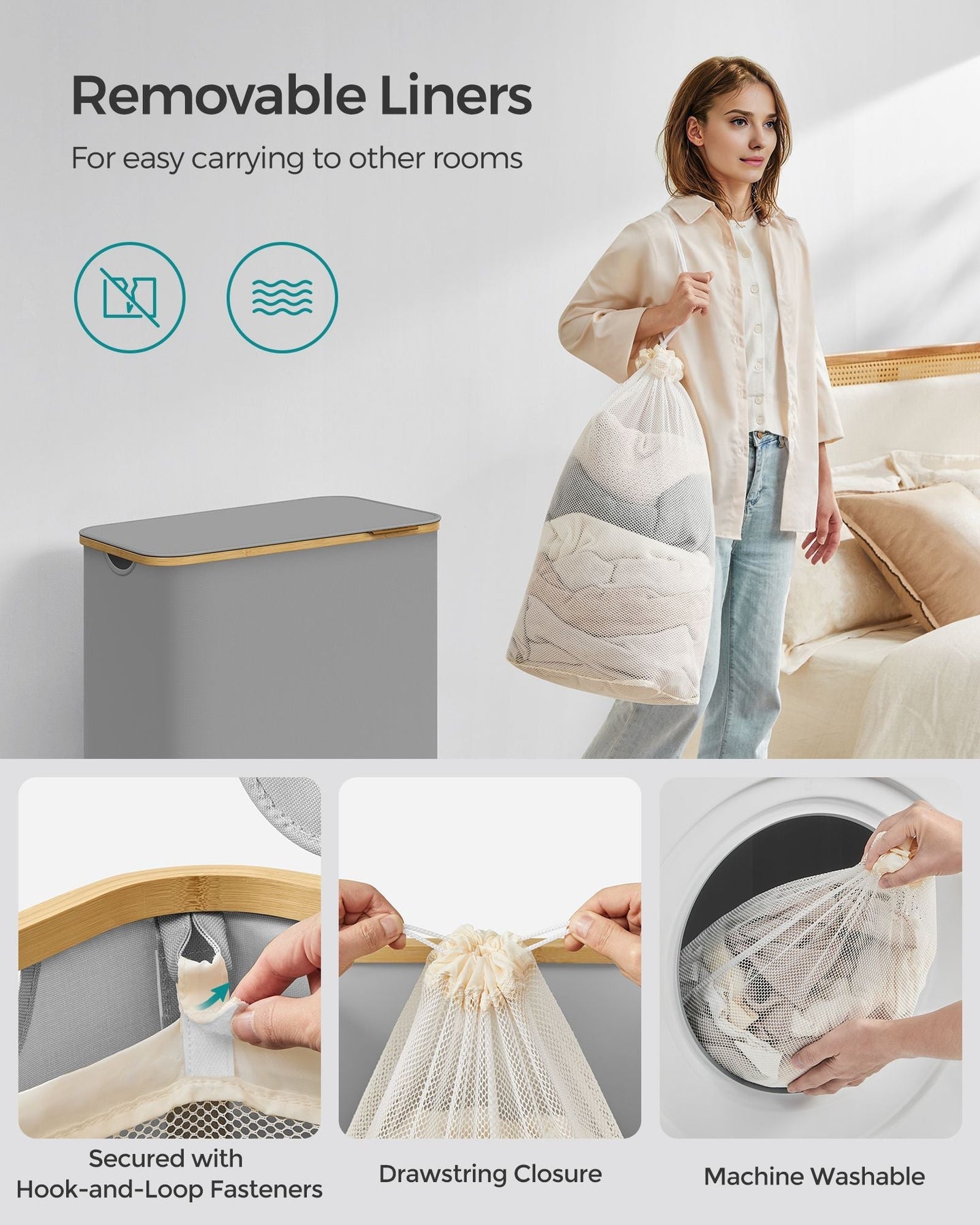 Laundry Hamper - Oxford Fabric - Dove Grey - 3-Section with Lid and Removable Mesh Liner