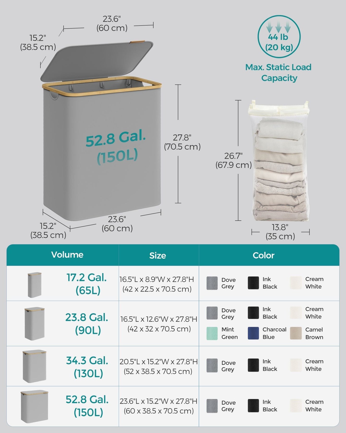 Laundry Hamper - Oxford Fabric - Dove Grey - 3-Section with Lid and Removable Mesh Liner