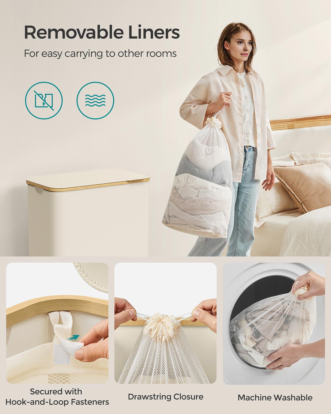Laundry Basket - Oxford Fabric - Cream White - 150L
