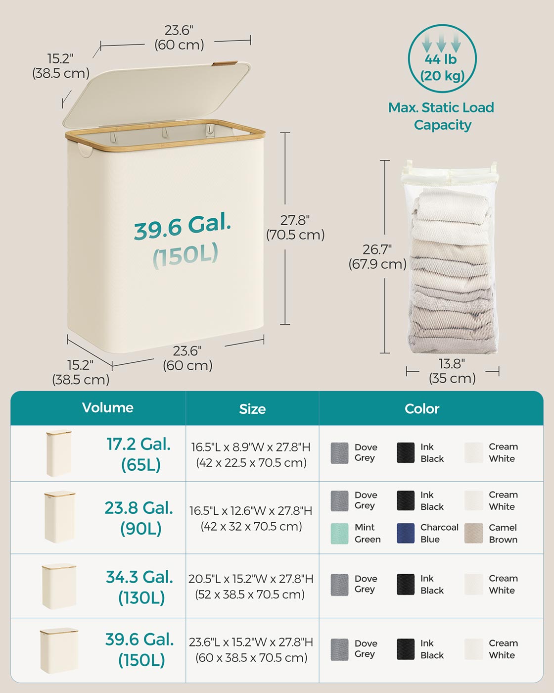 Laundry Basket - Oxford Fabric - Cream White - 150L