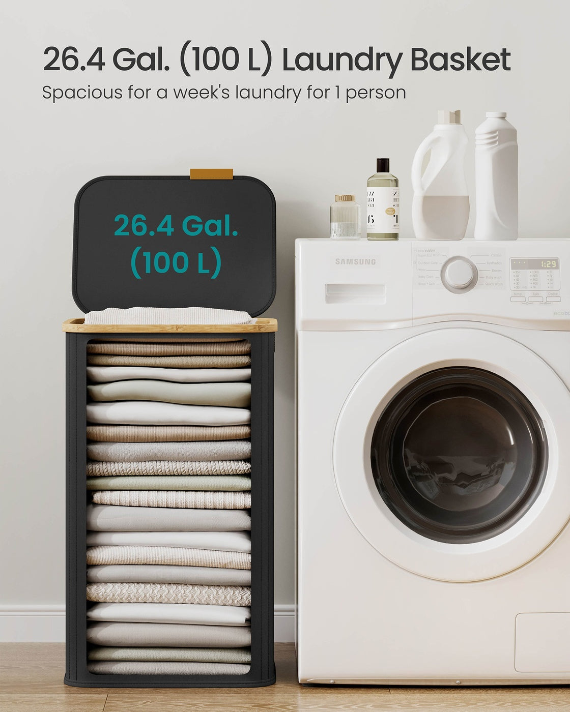 Laundry Hamper with Lid - 100L - Oxford Fabric - Foldable